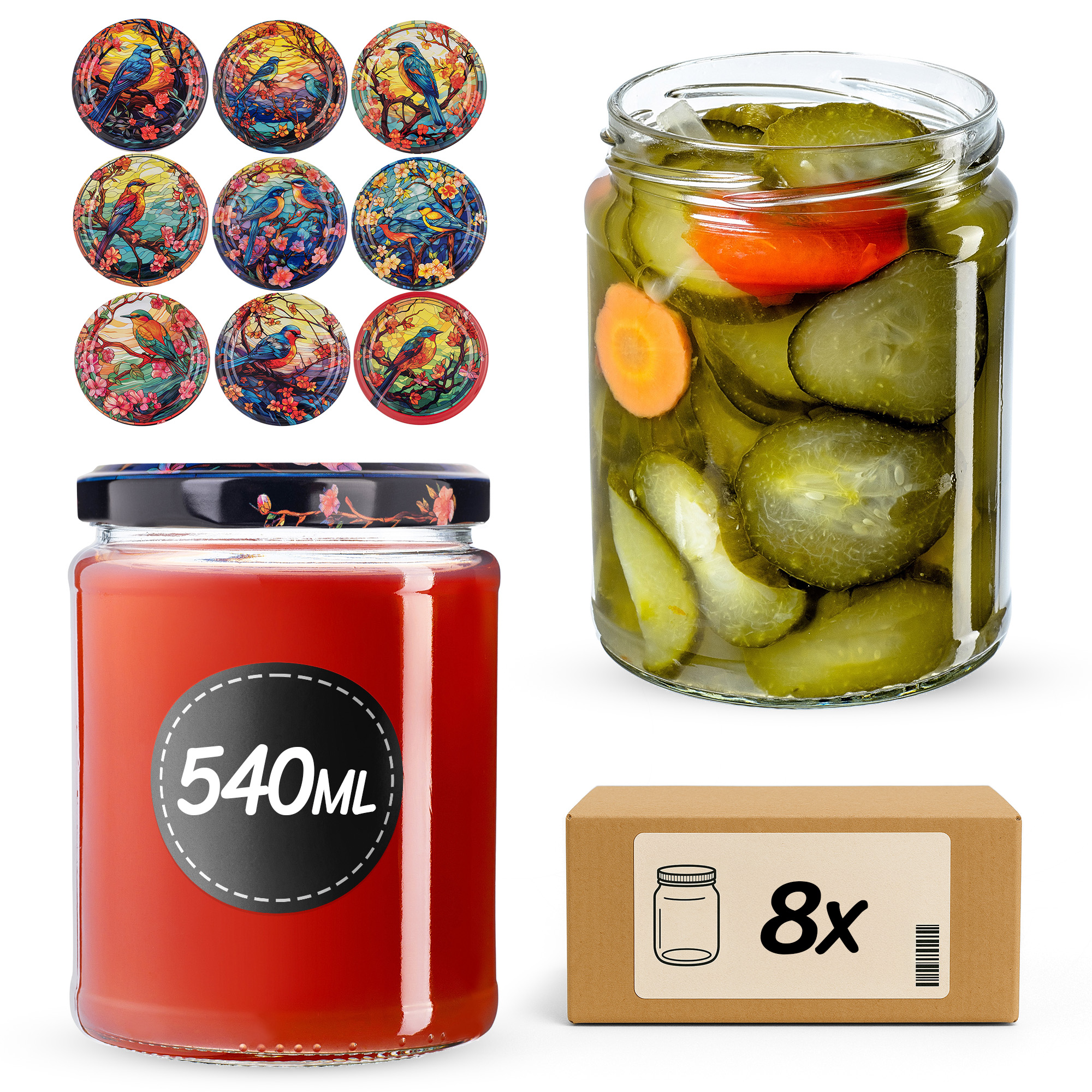 Słoiki na przetwory Maki 540ml fi 82 mm 8szt + wieczko Ptaki