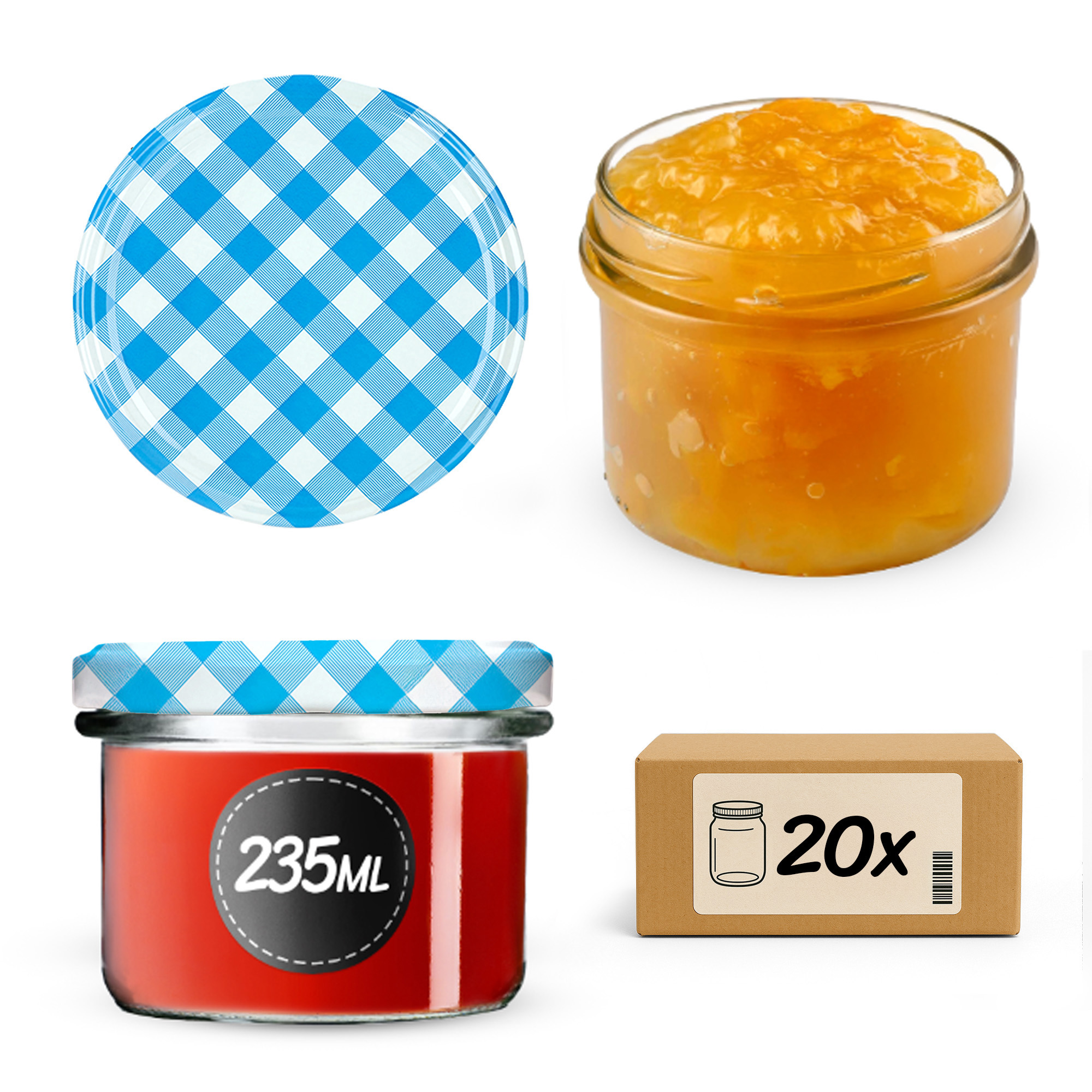 Słoiki na przetwory Tartu 235ml 20szt fi 82 mm + wieczka "Niebieska krata"