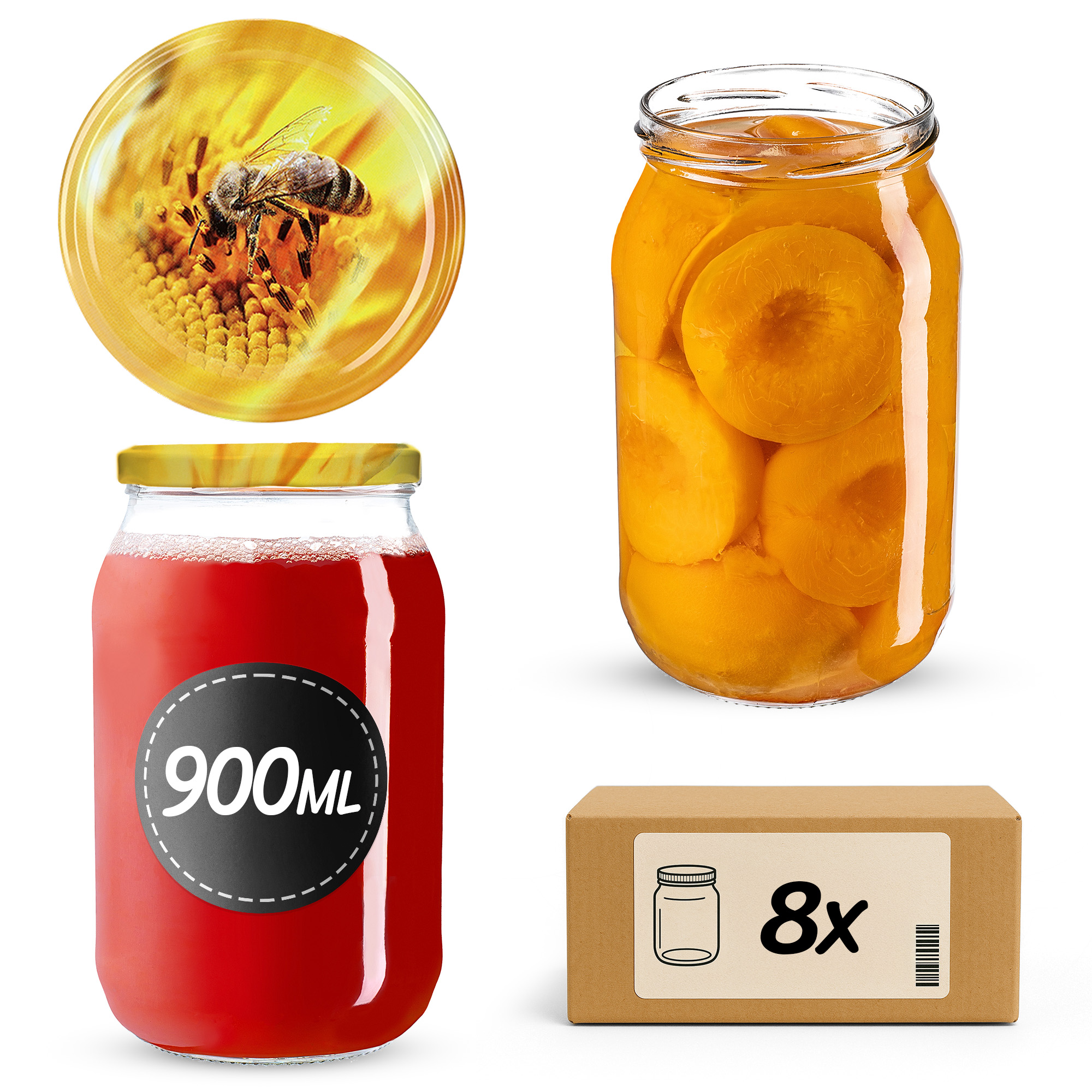 Słoiki na przetwory Simo 900ml 8szt fi 82 mm + wieczka "Pszczoła"