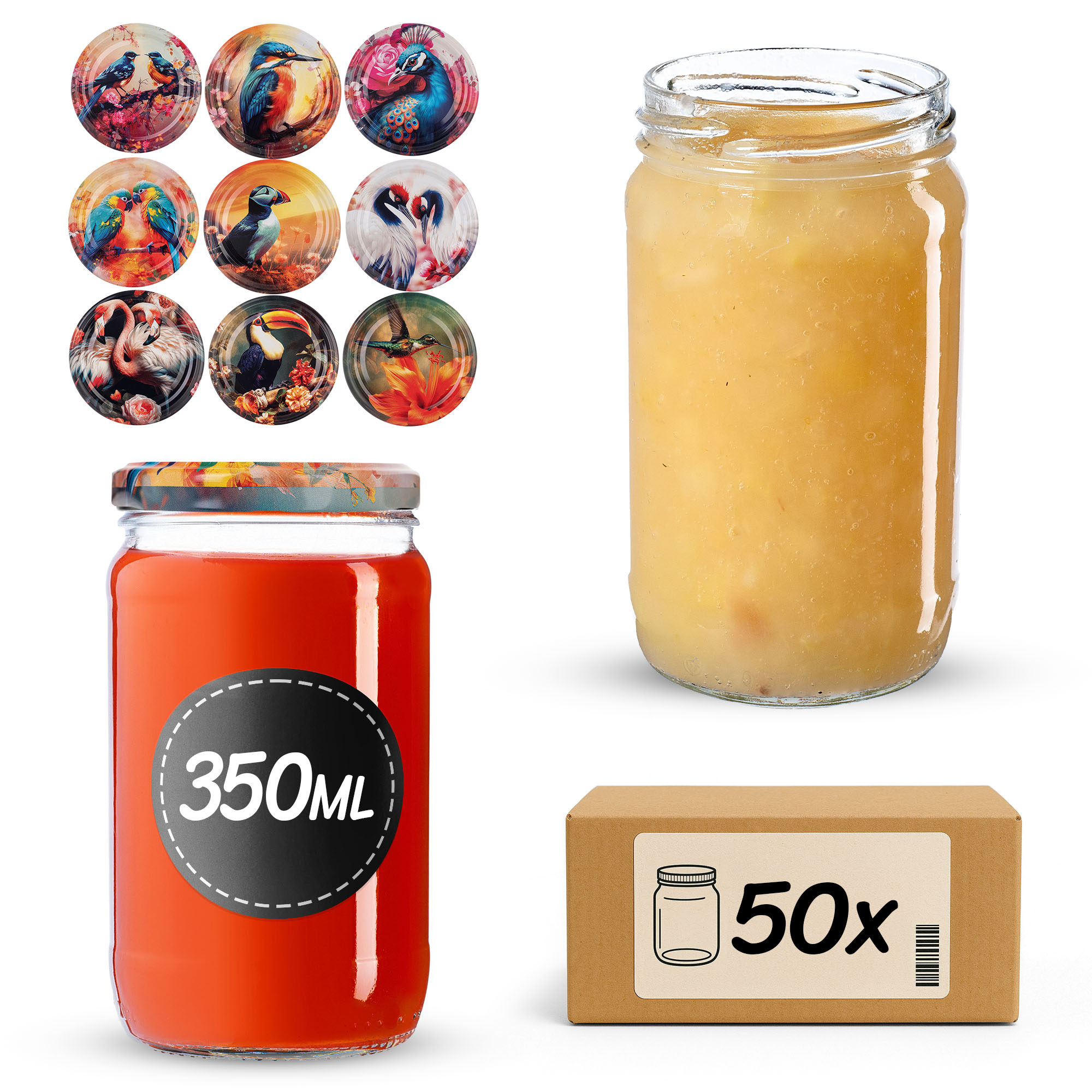 Słoiki na przetwory Gera 350ml fi 66 mm 50szt + wieczko Ptaki