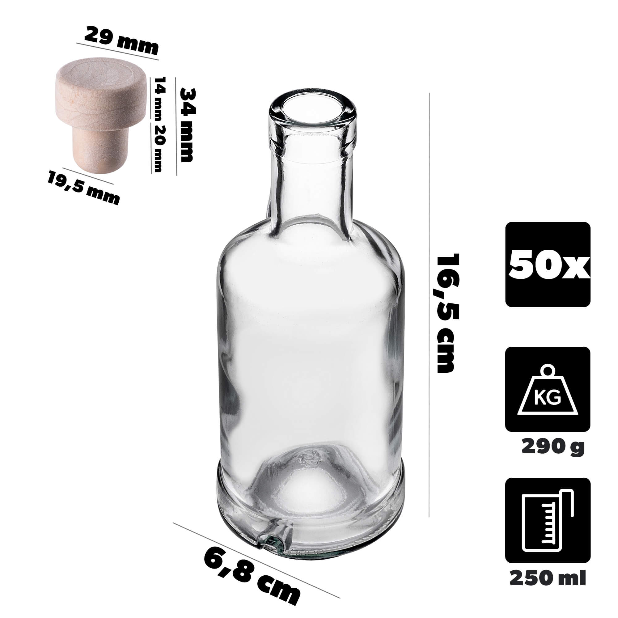 Szklana butelka na alkohole Tadek 250ml z korkiem syntetycznym 50 szt.