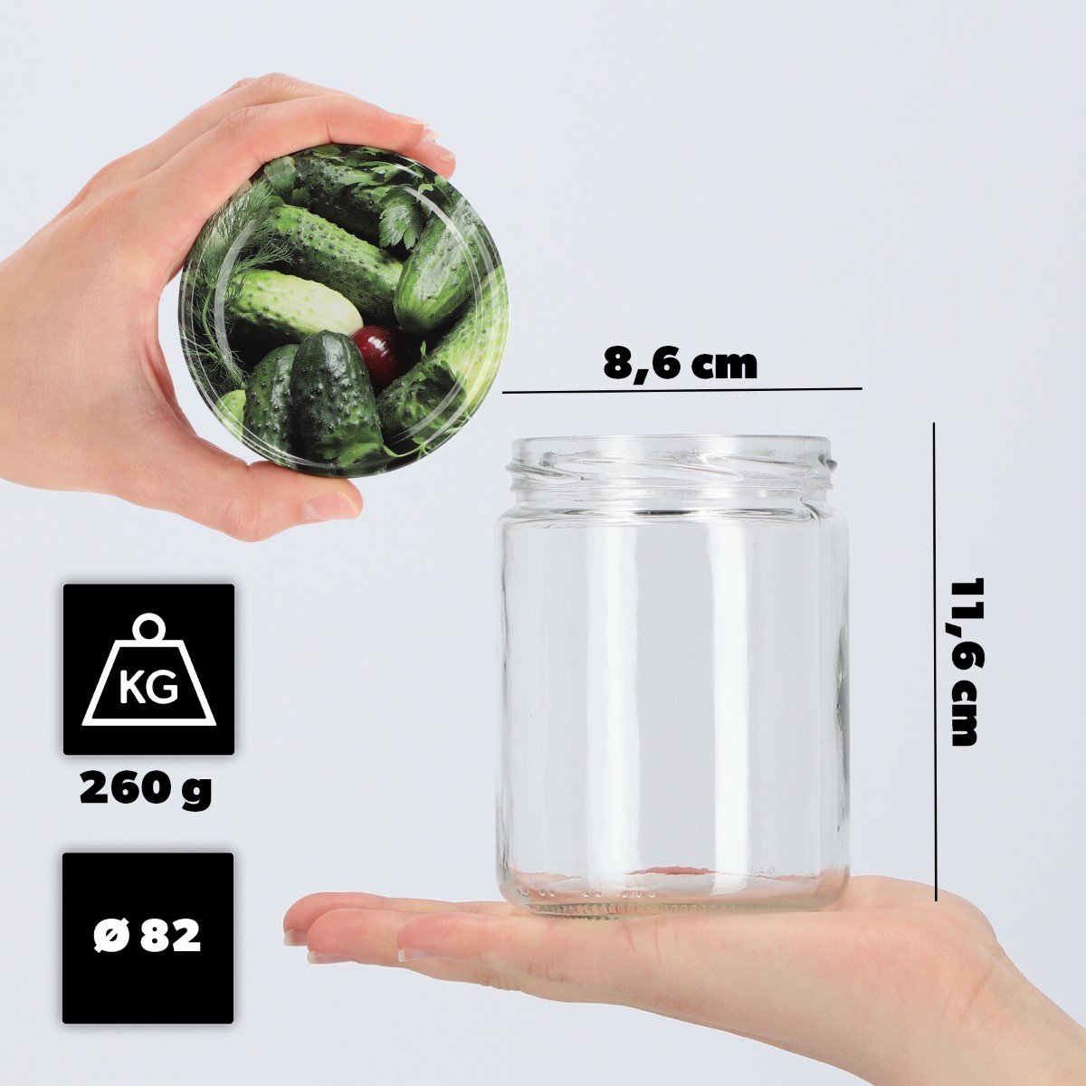 Słoiki na przetwory Maki 540ml 8szt fi 82 mm + wieczka "Ogórki"