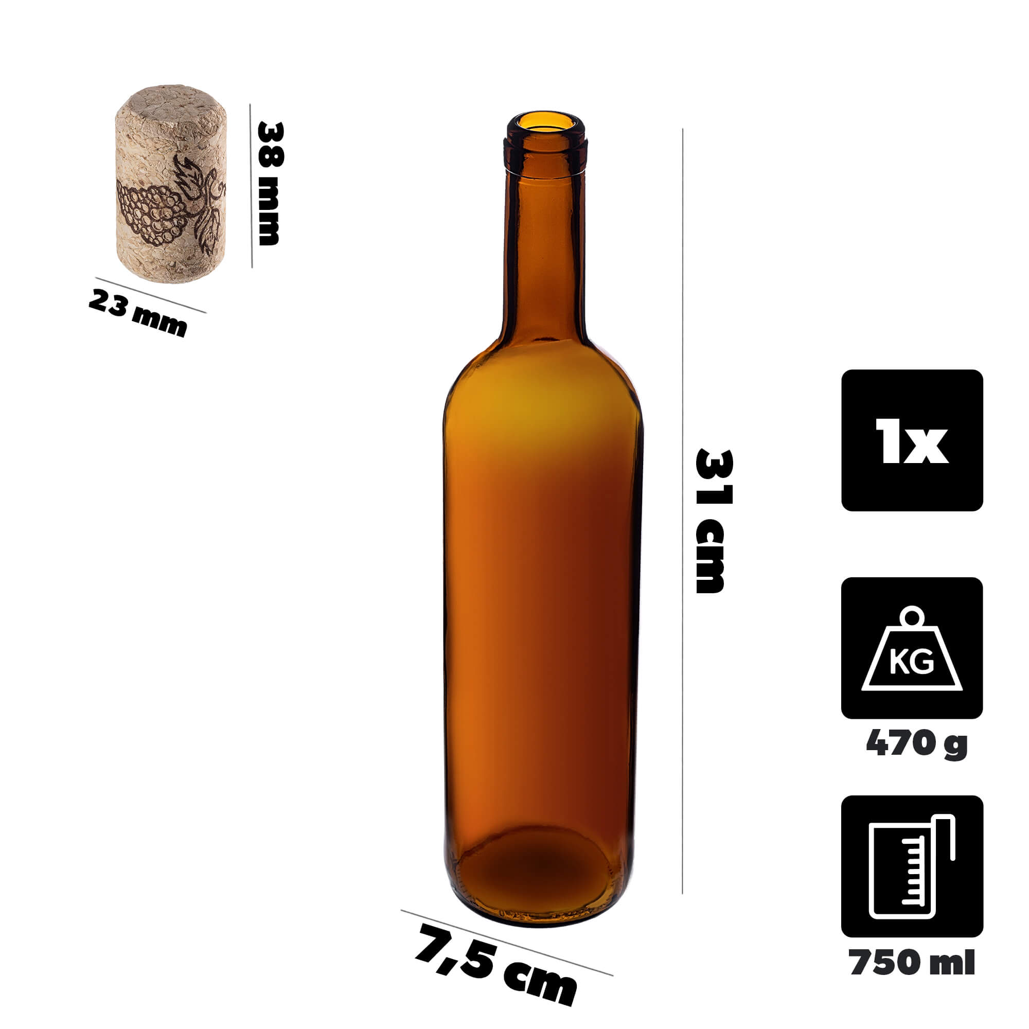 Butelka na wino Biagio 750ml brązowa z korkiem aglomerowanym 1 szt.