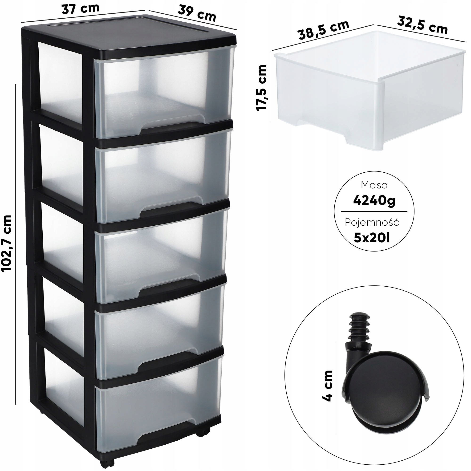 Regał na kółkach Curver 100L, czarny