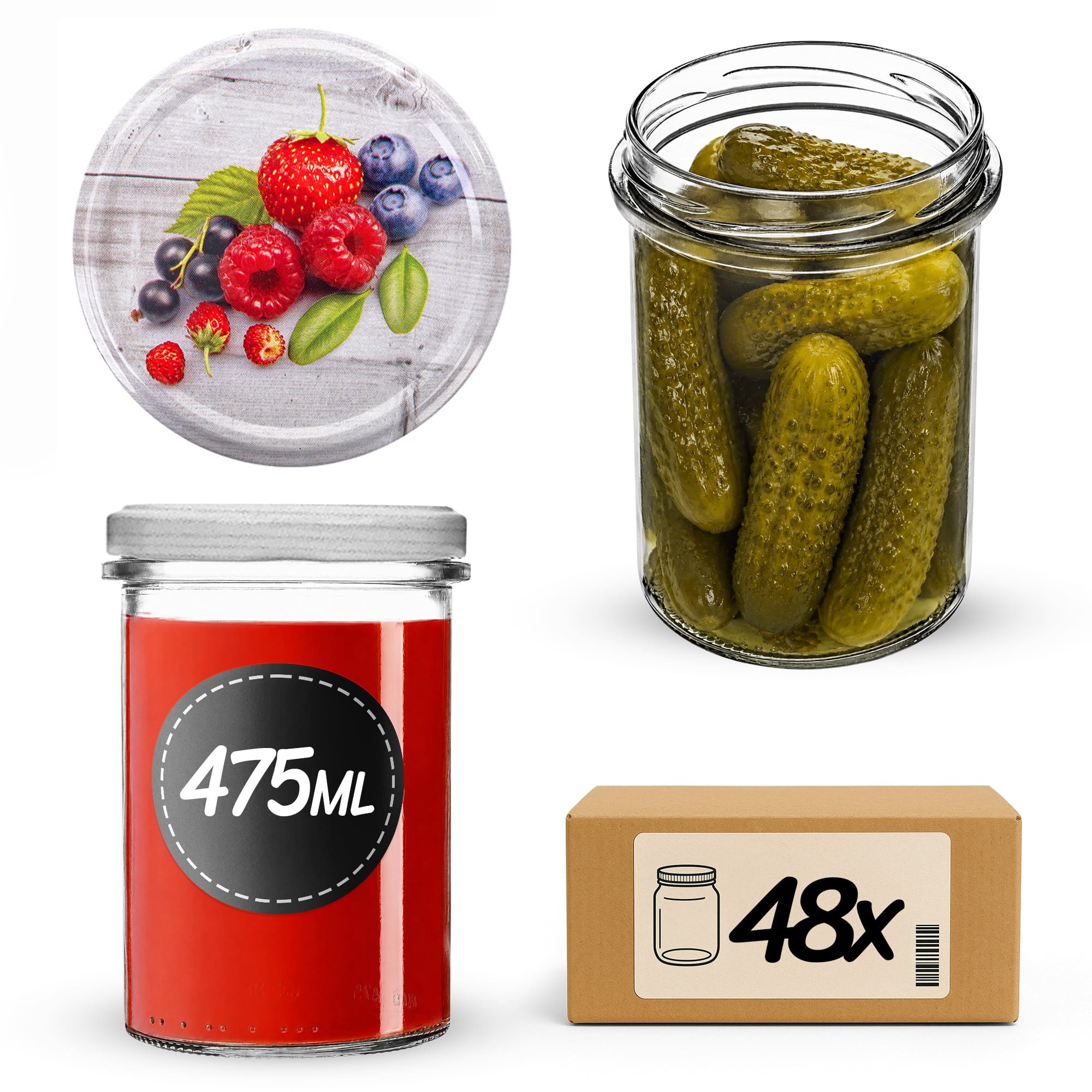 Słoiki na przetwory Befa 475ml 48szt fi 82 mm + wieczka "Jagody"