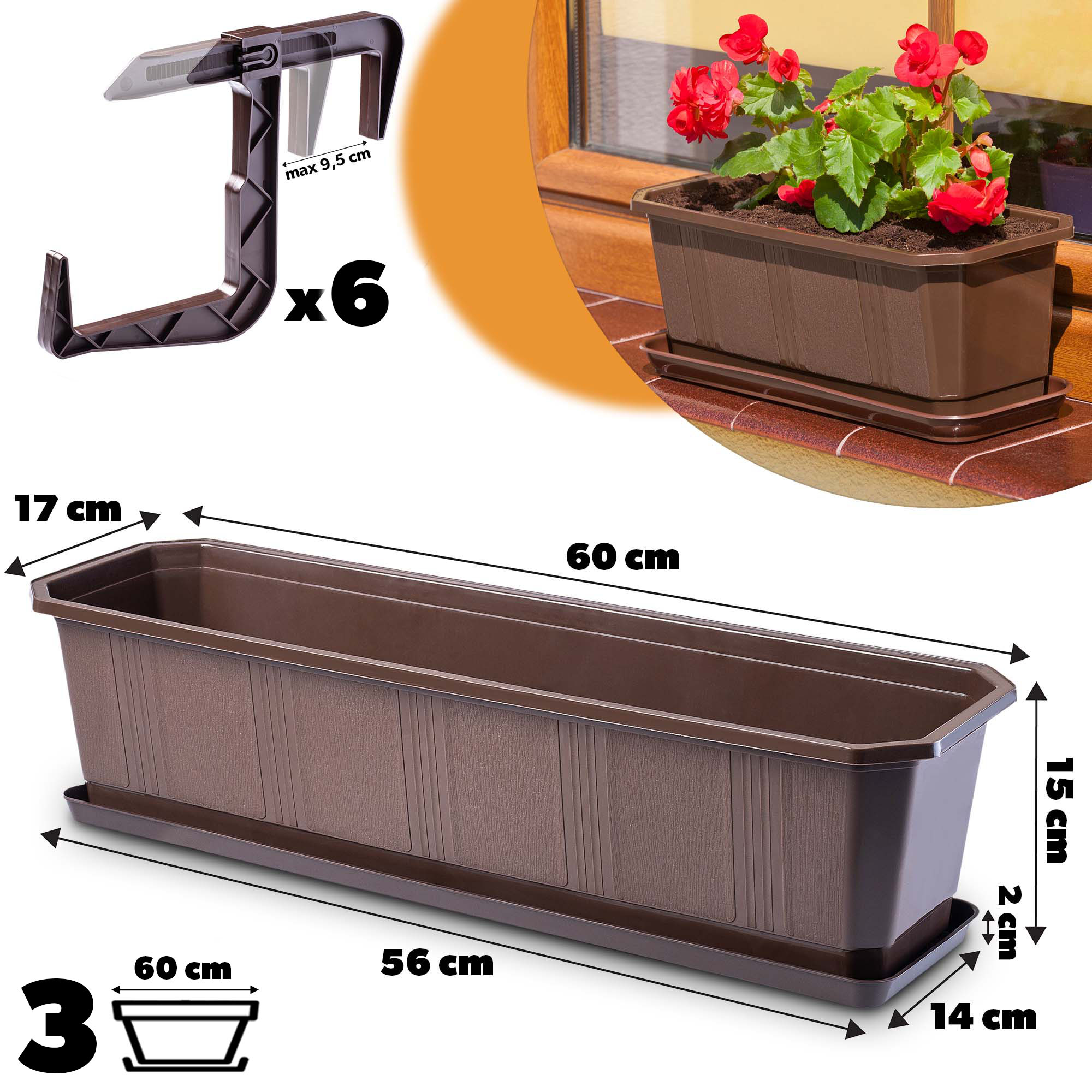 Doniczka balkonowa z uchwytami brązowa Oste 60 cm, 3 szt.