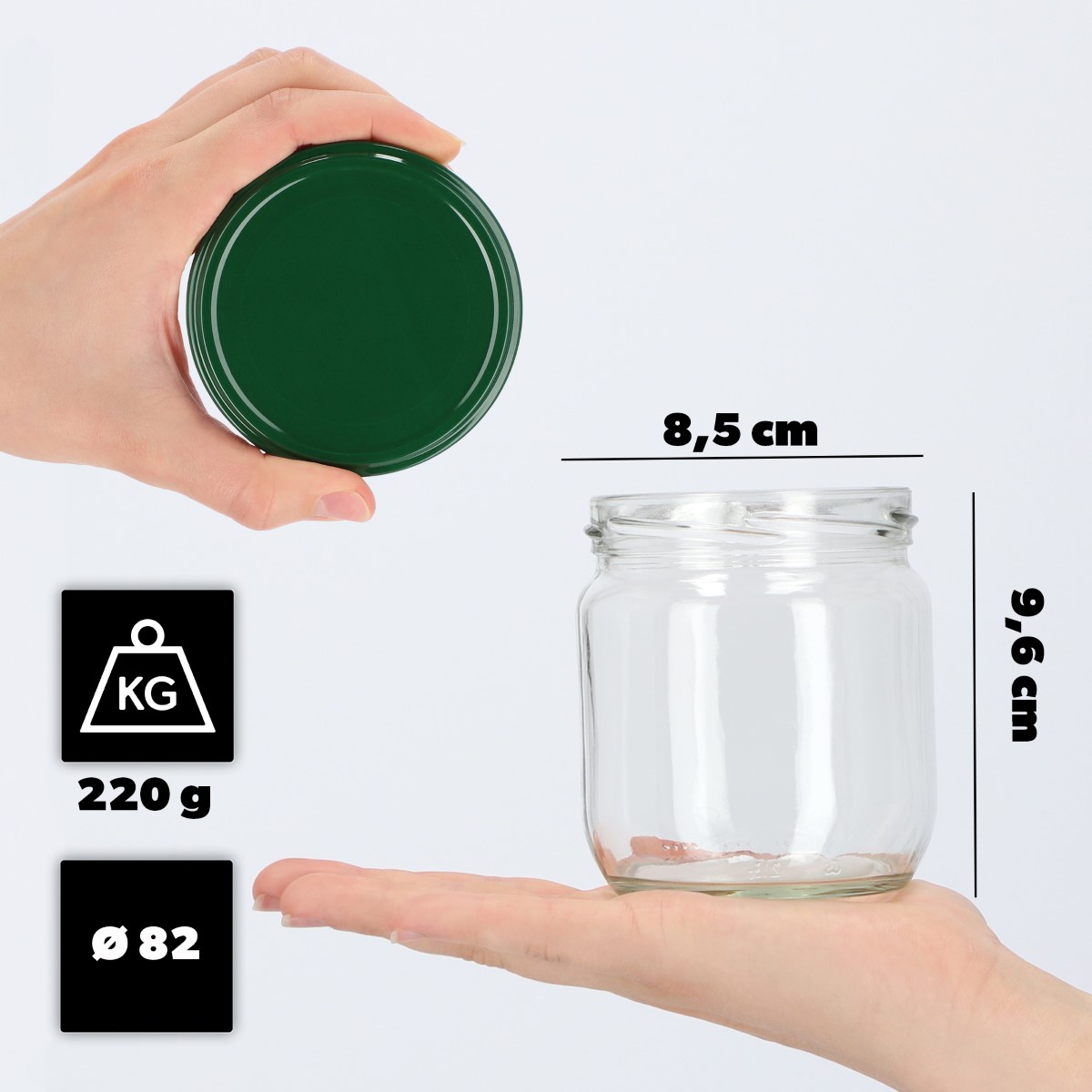 Słoiki na przetwory Salla 425ml 12szt fi 82 mm + wieczka zielone