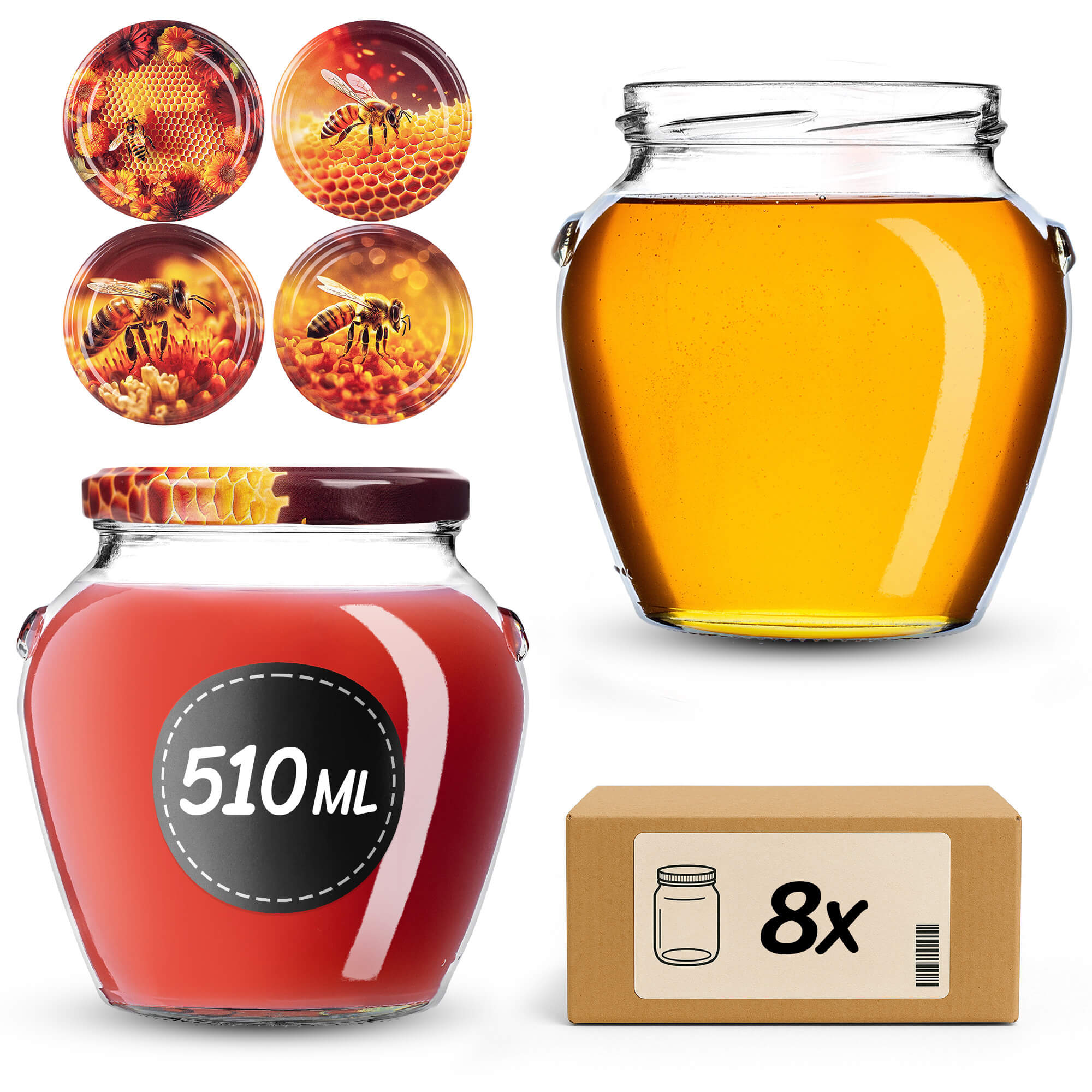 Słoiki na przetwory Sassa 580ml 8szt fi 82 mm + wieczka "Mix pszczół"