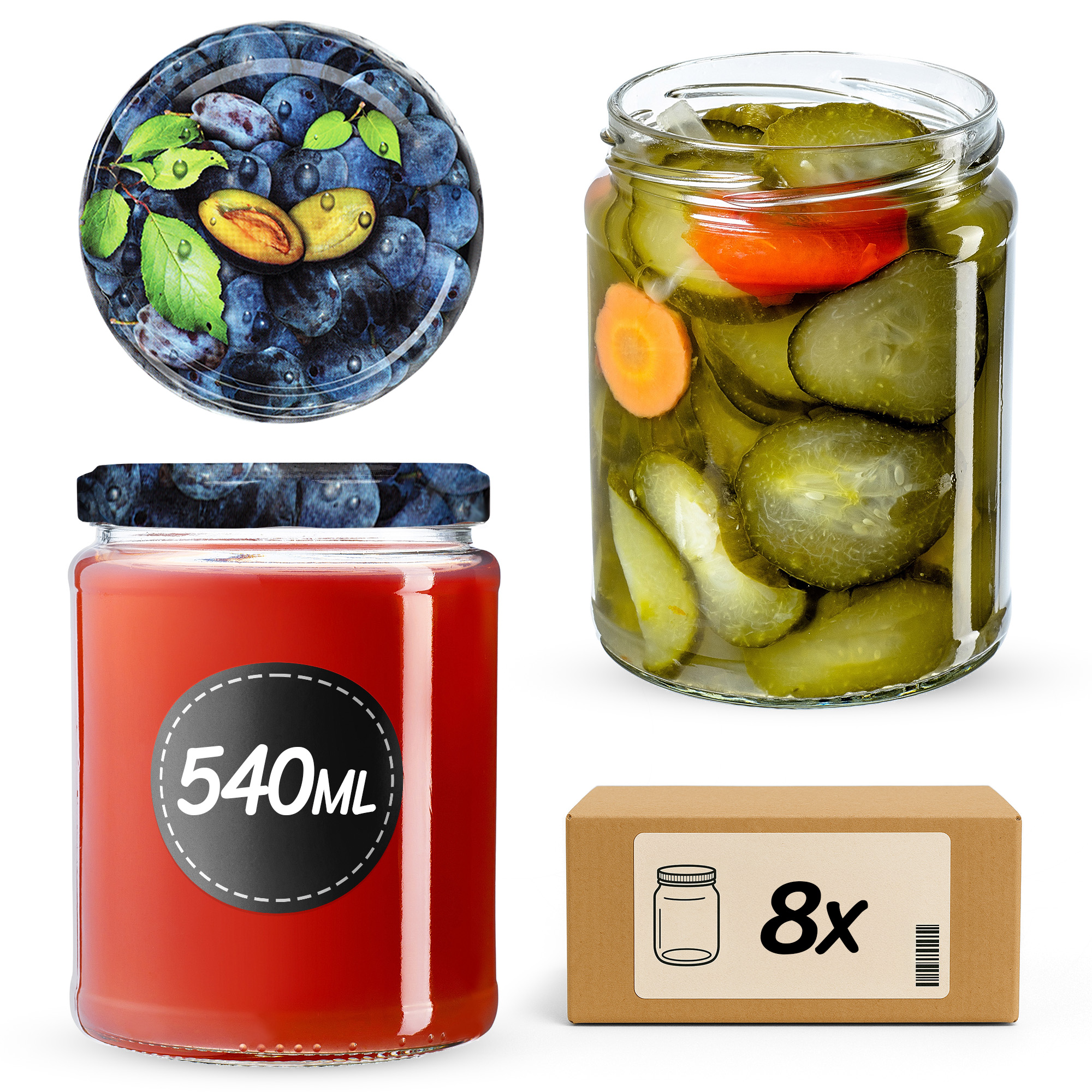 Słoiki na przetwory Maki 540ml 8szt fi 82 mm + wieczka "Śliwki"