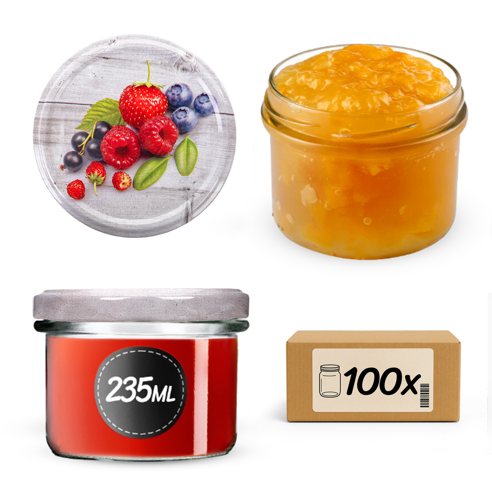 Słoiki na przetwory Tartu 235ml 100szt 82mm + wieczka "Truskawki"