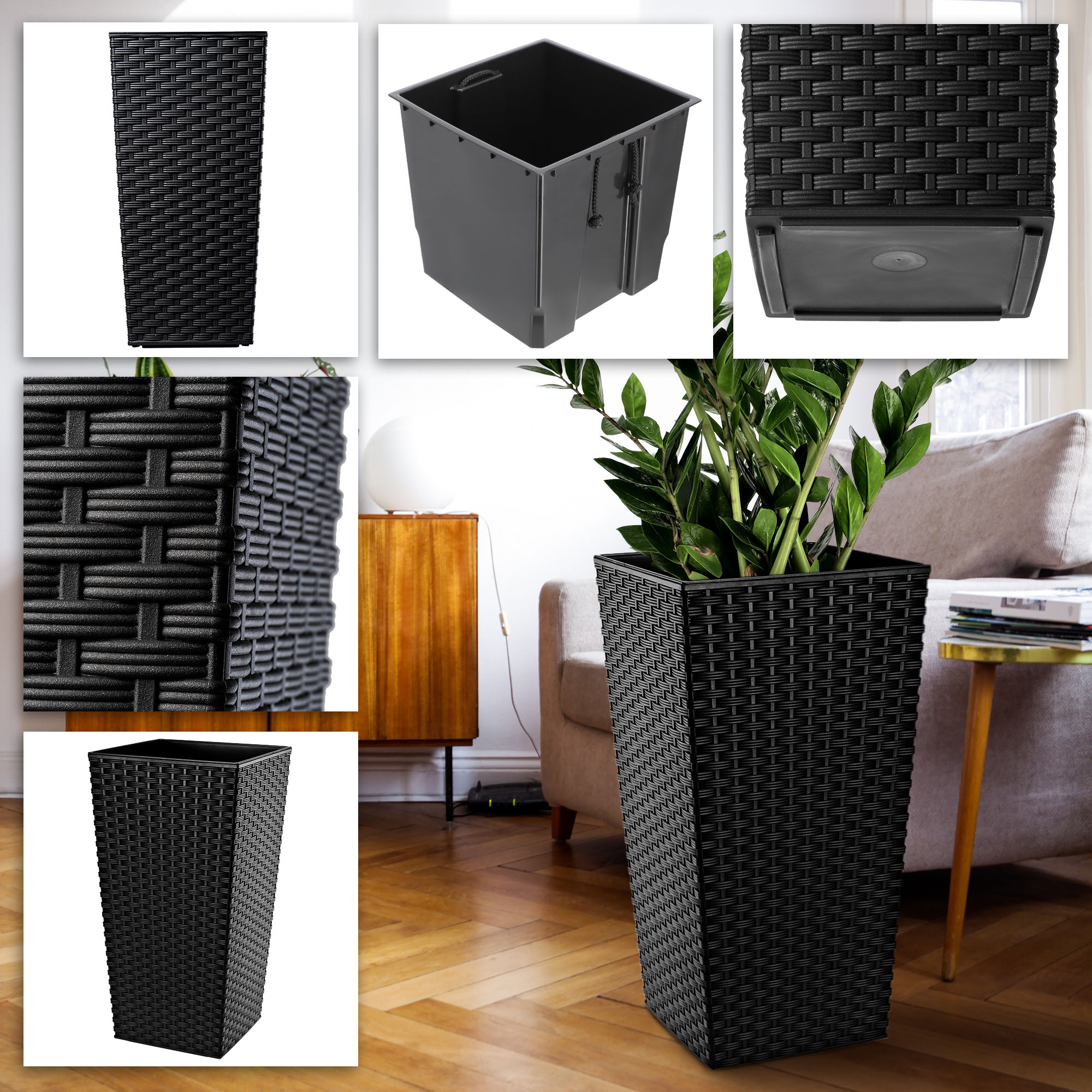 Donice na kwiaty z wkładem Pesaro rattan 19 cm + 25 cm + 30 cm, czarne