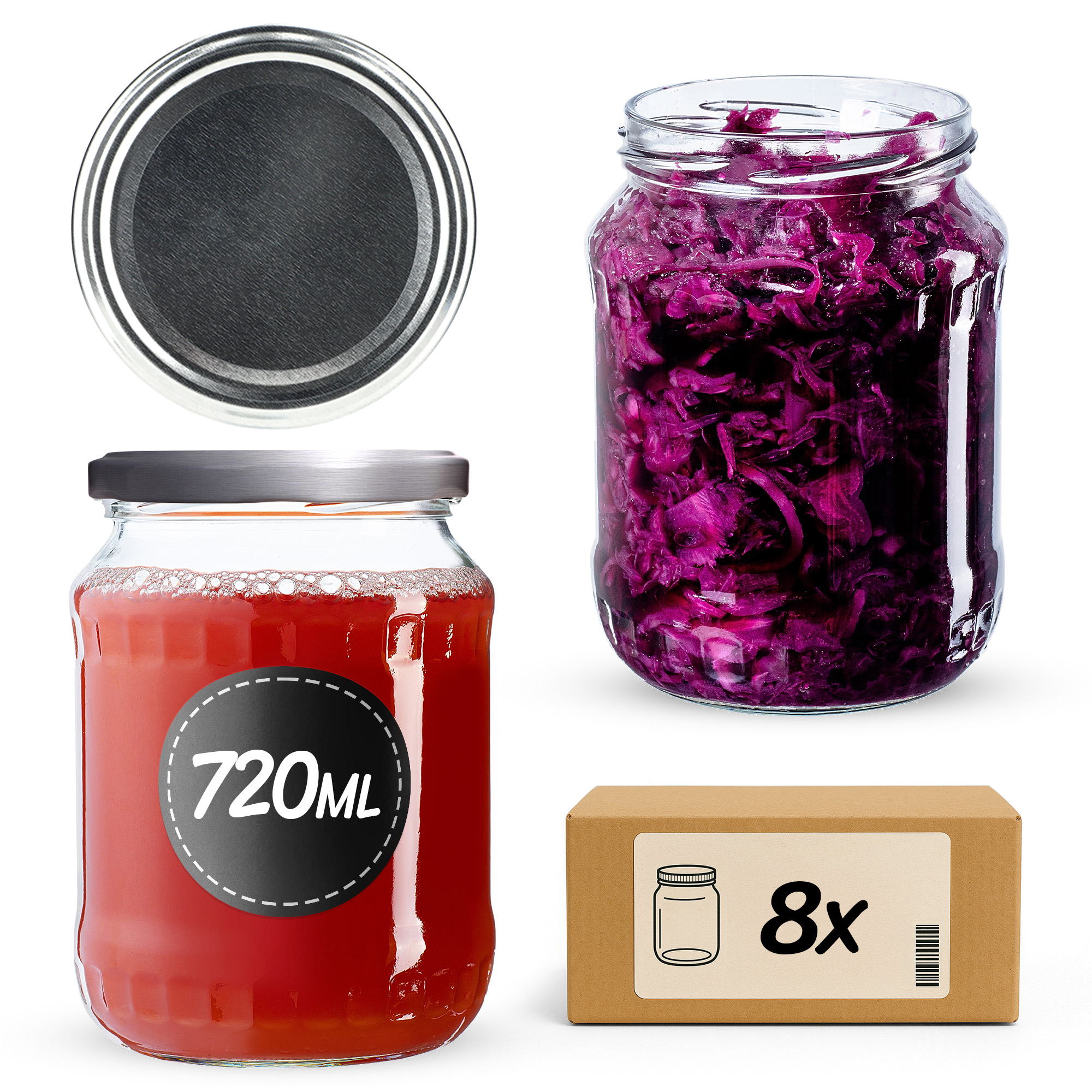 Słoiki na przetwory Jukka 720ml 8szt fi 82 mm + wieczka srebrne