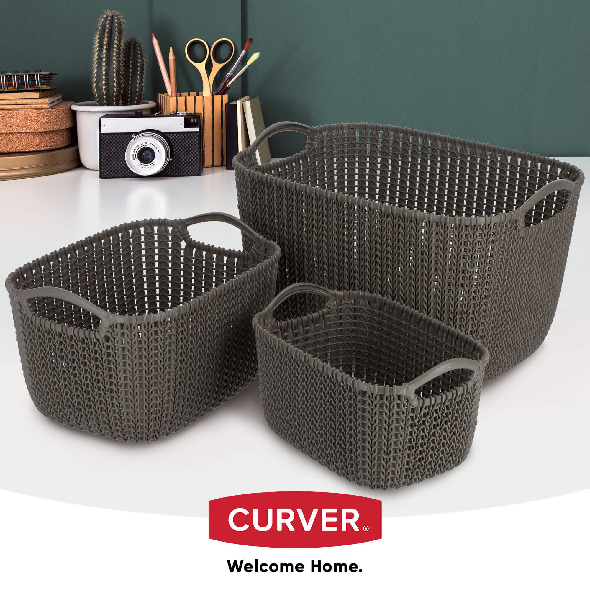 Koszyk z uchwytami 19L Curver Knit, brązowy