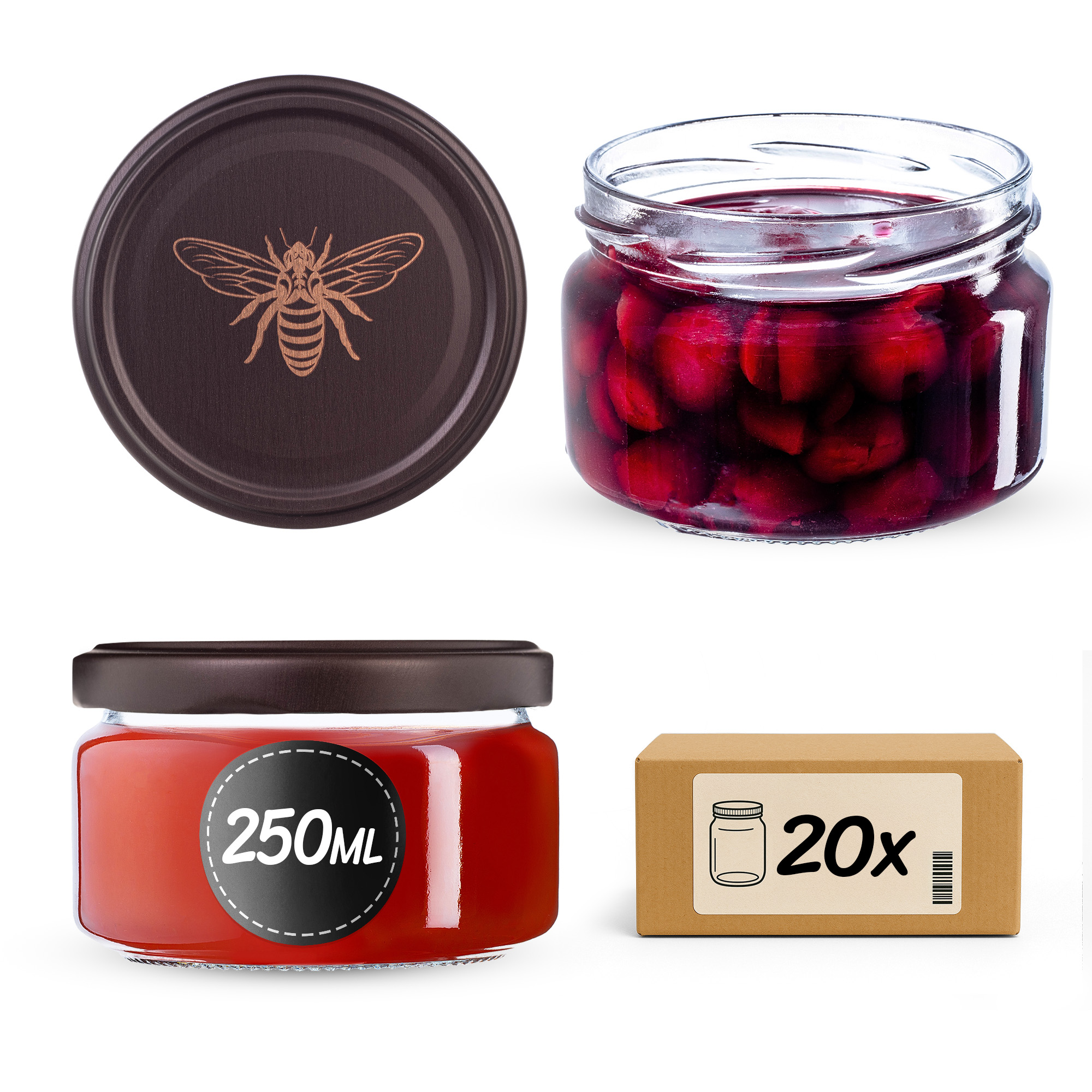 Słoiki na przetwory Denia 250ml 20szt fi 82 mm + wieczko "Pszczoła"