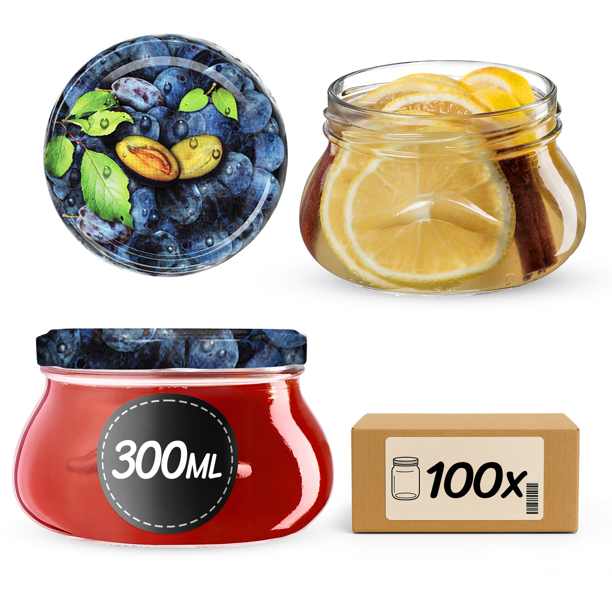 Słoiki na przetwory Raja 300ml 100szt fi 82 mm + wieczka "Śliwki"