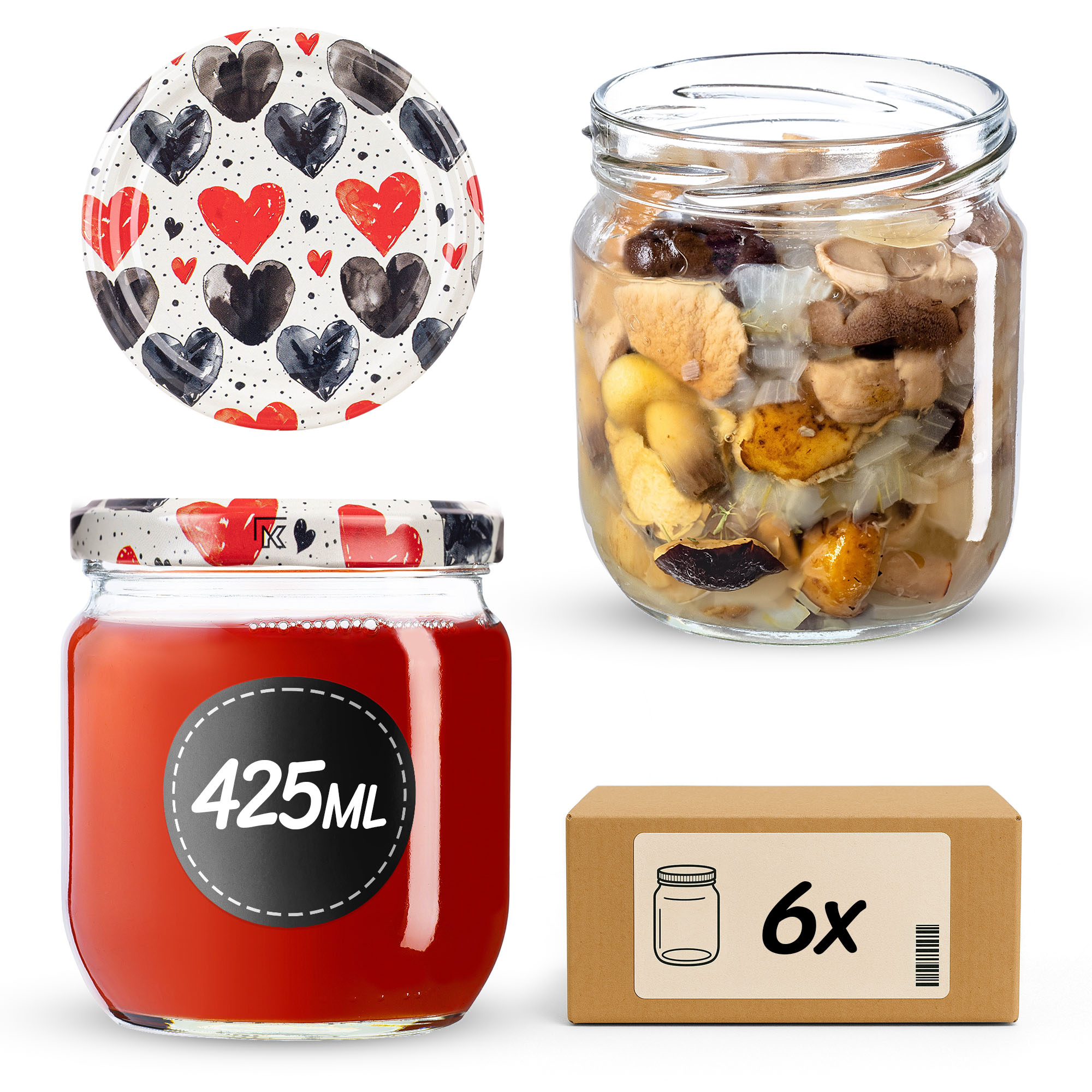Słoiki na przetwory Salla 425ml fi 82 mm 6szt + wieczko Serca