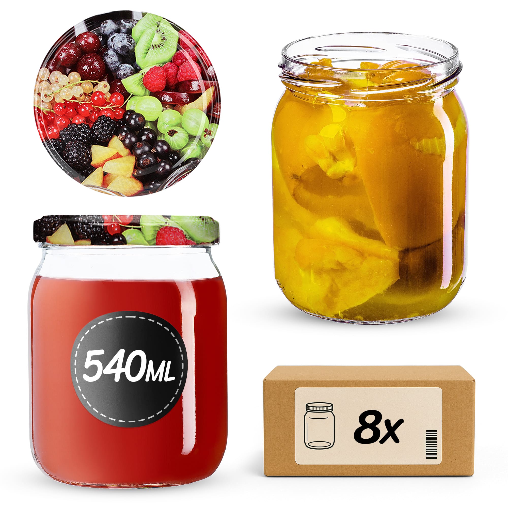 Słoiki Senna 540ml 8szt fi 82 mm + wieczka "Mix owoców"