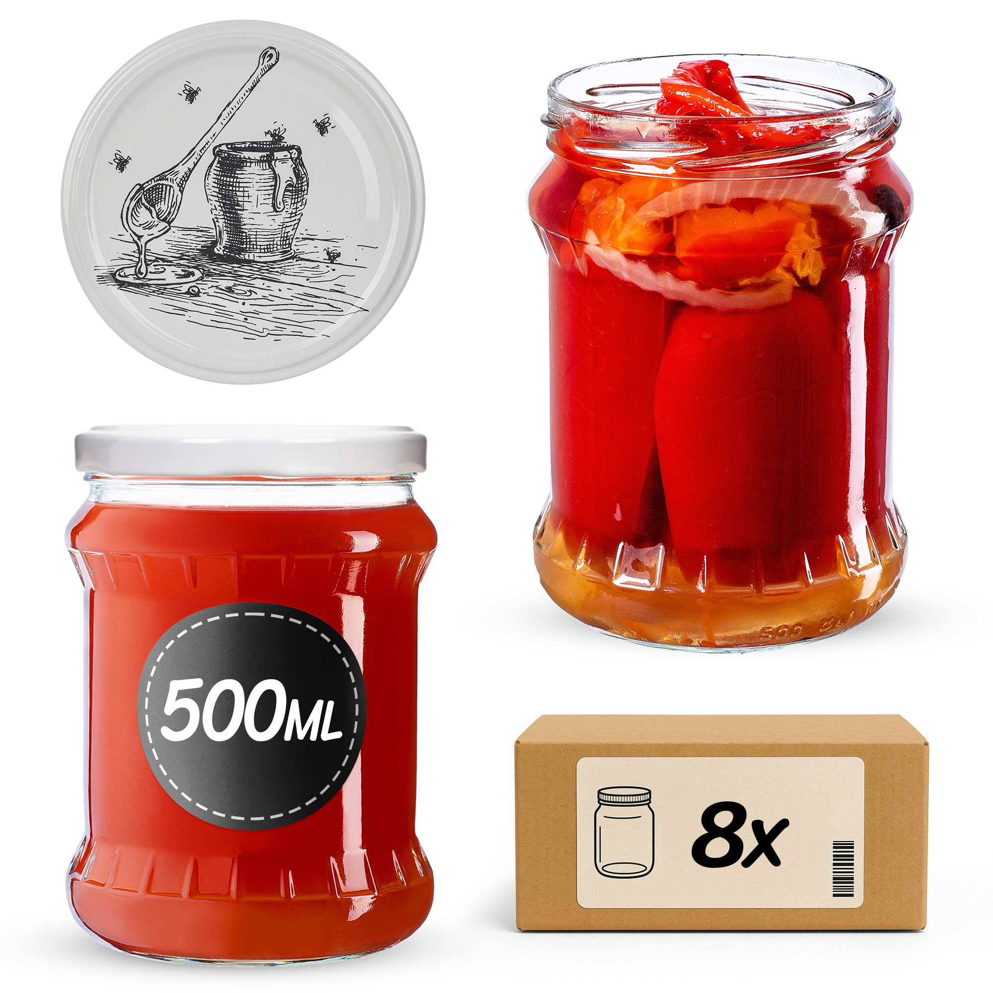 Słoiki na przetwory Kisko 500ml fi 82 mm 8szt + wieczko Pszczoła