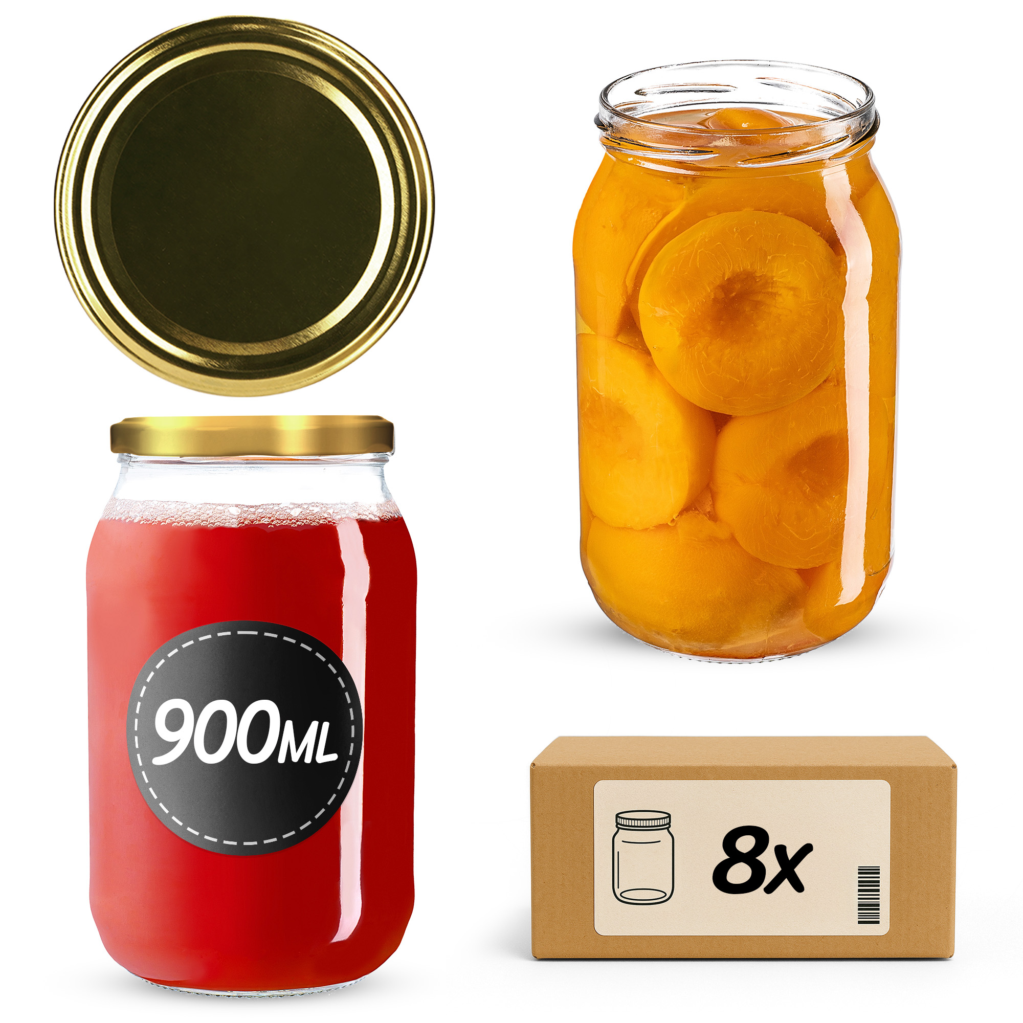 Słoiki na przetwory Simo 900ml 8szt fi 82 mm + wieczka złote