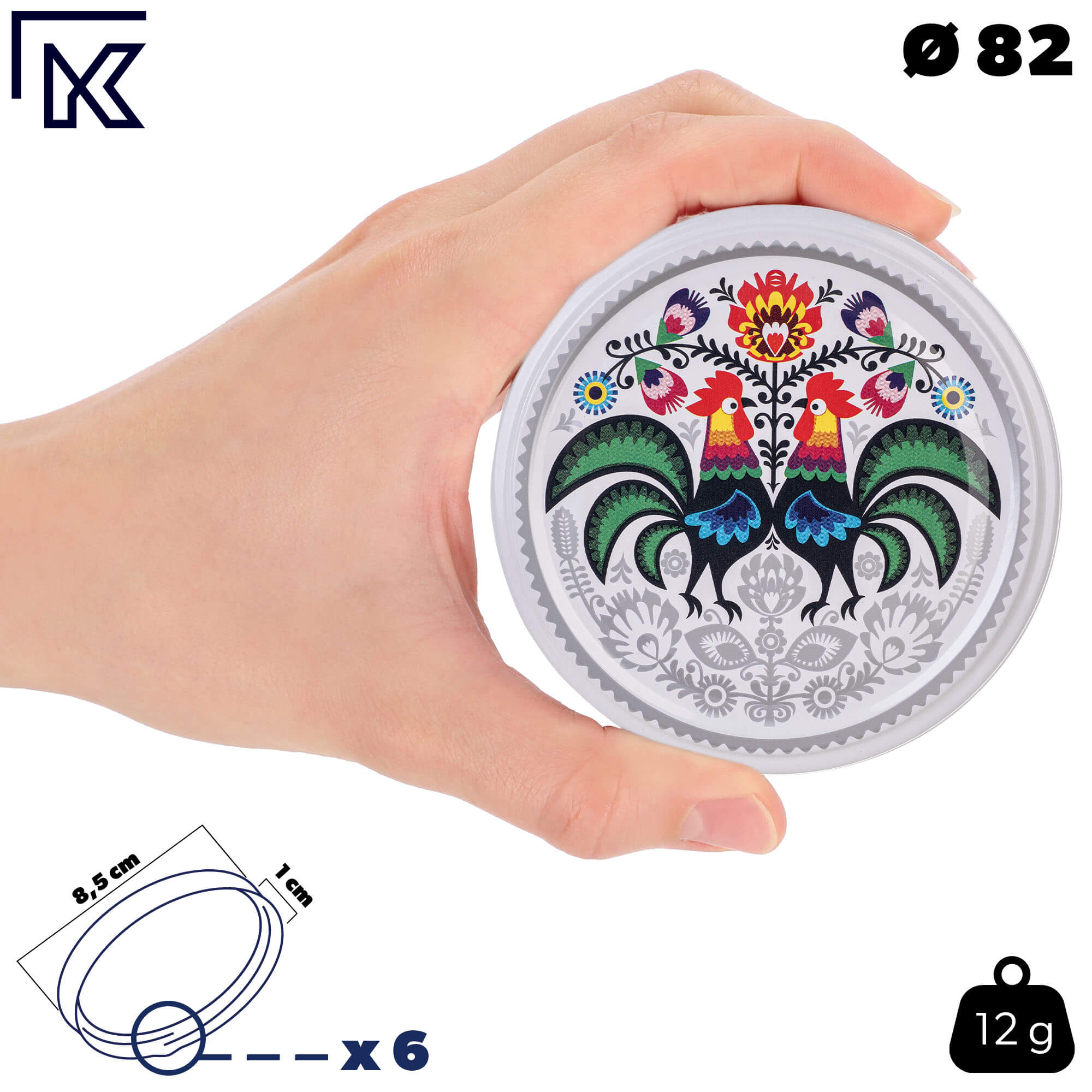 Metalowe wieczka do słoików Virbo 10szt fi 82 mm "Folklor z kogutem"