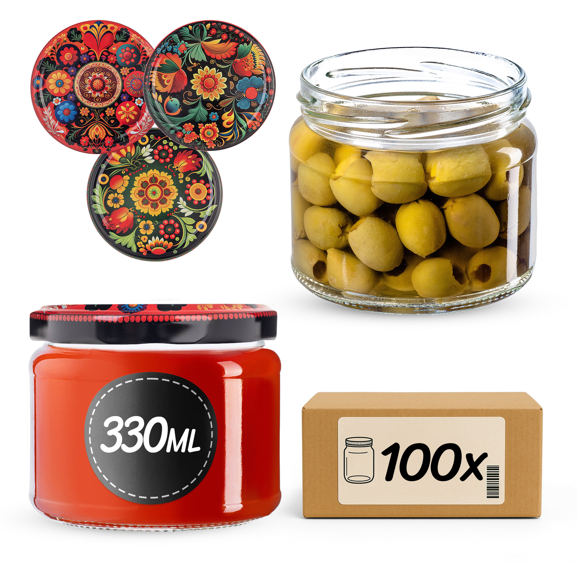 Słoiki na przetwory Sonka 330ml fi 82 mm 100szt + wieczko Jagodowy mix