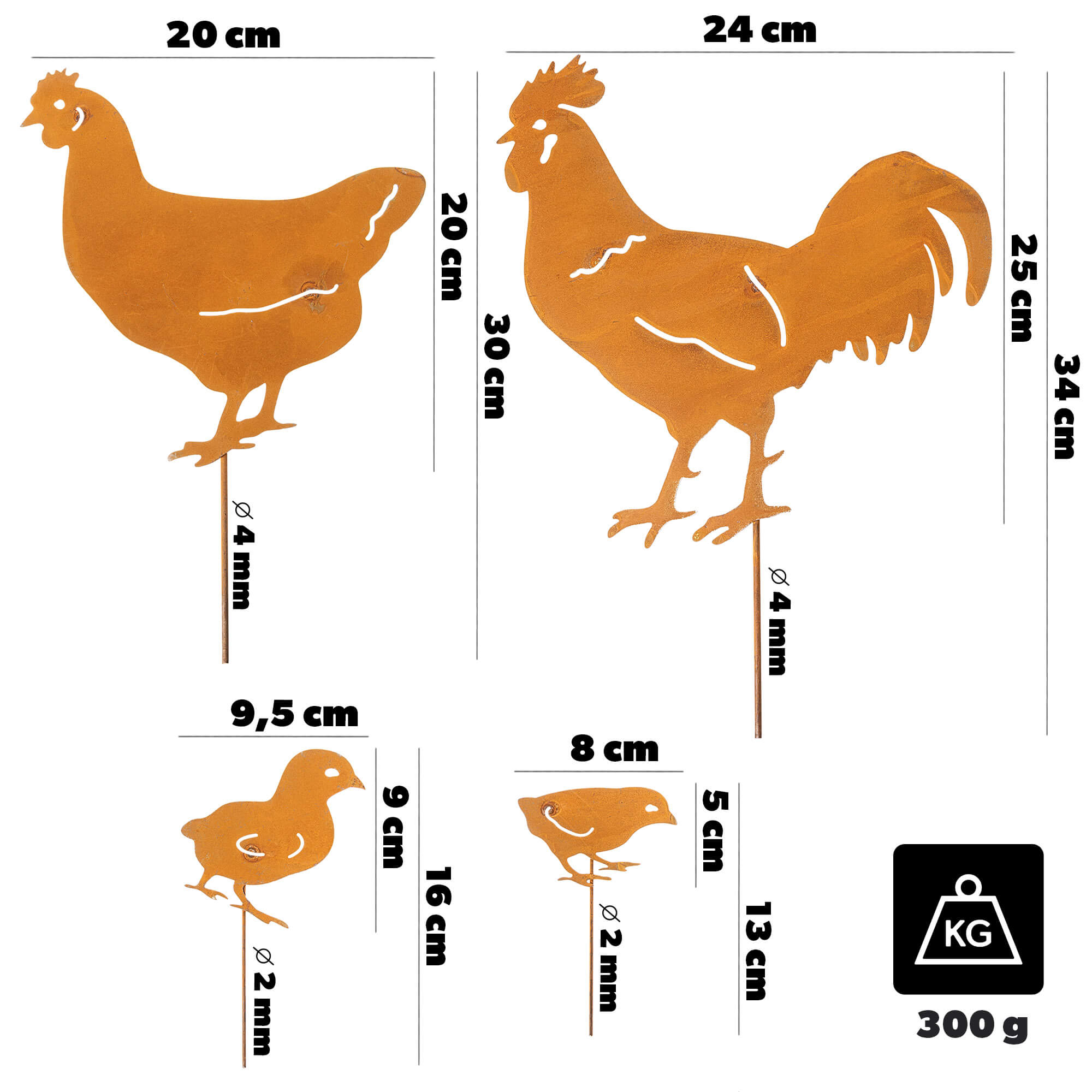 Ozdoba ogrodowa ze stali corten Laborde kury 8-24 x 13-34 cm 12 szt.