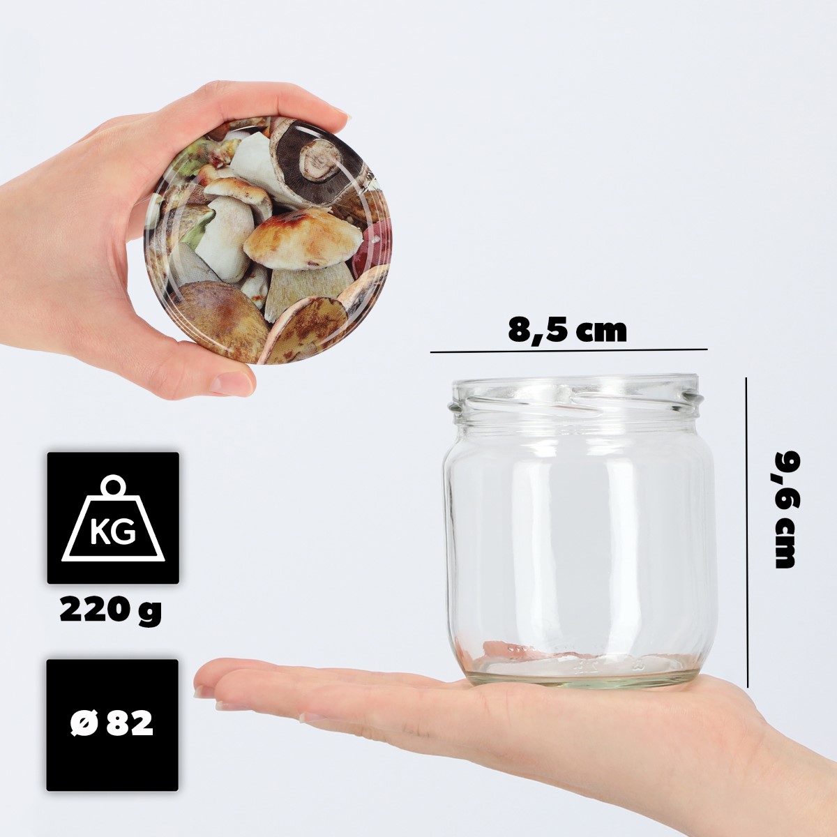 Słoiki na przetwory Salla 425ml 48szt fi 82 mm + wieczka "Grzyby"