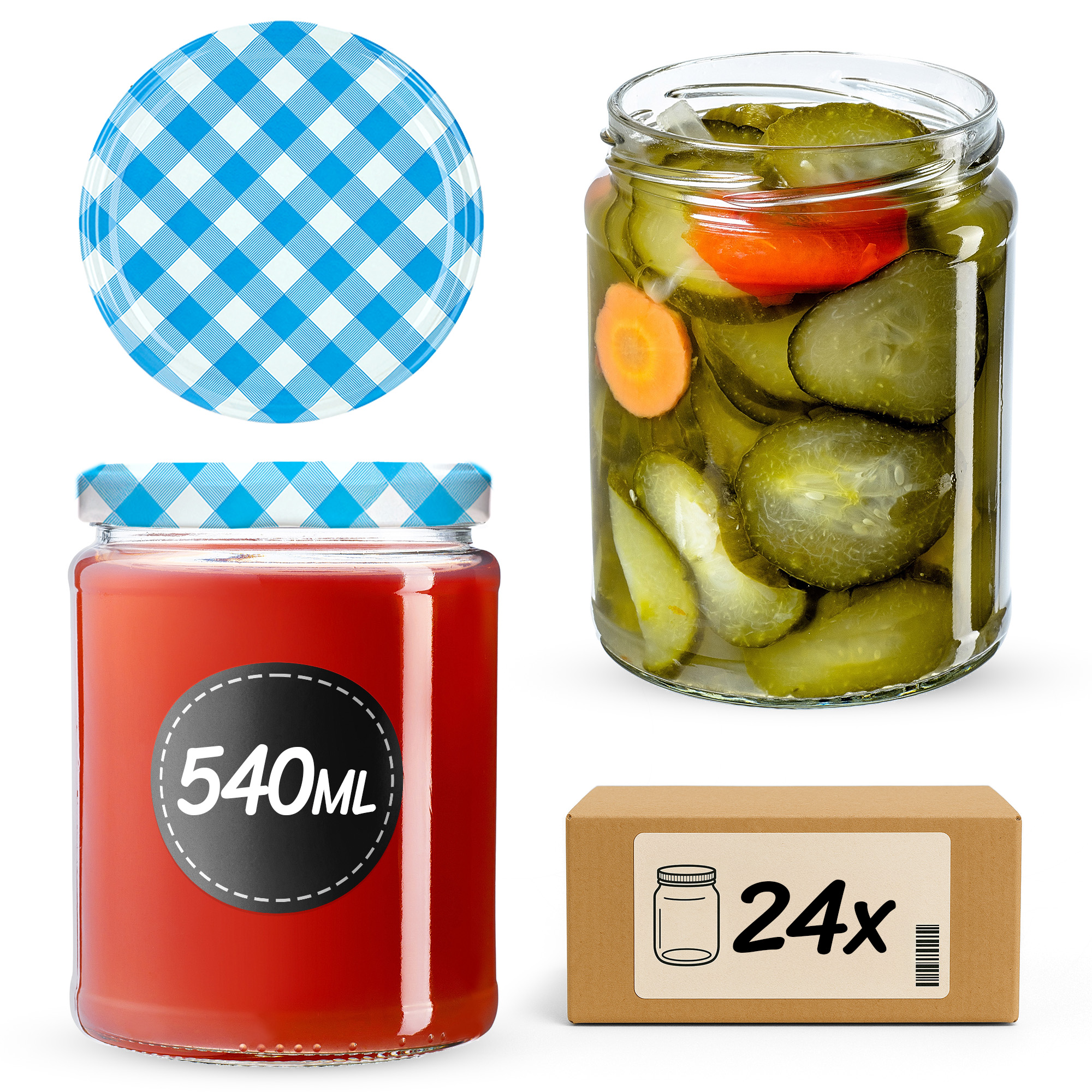 Słoiki na przetwory Maki 540ml 24szt fi 82 mm + wieczka "Niebieska Krata"