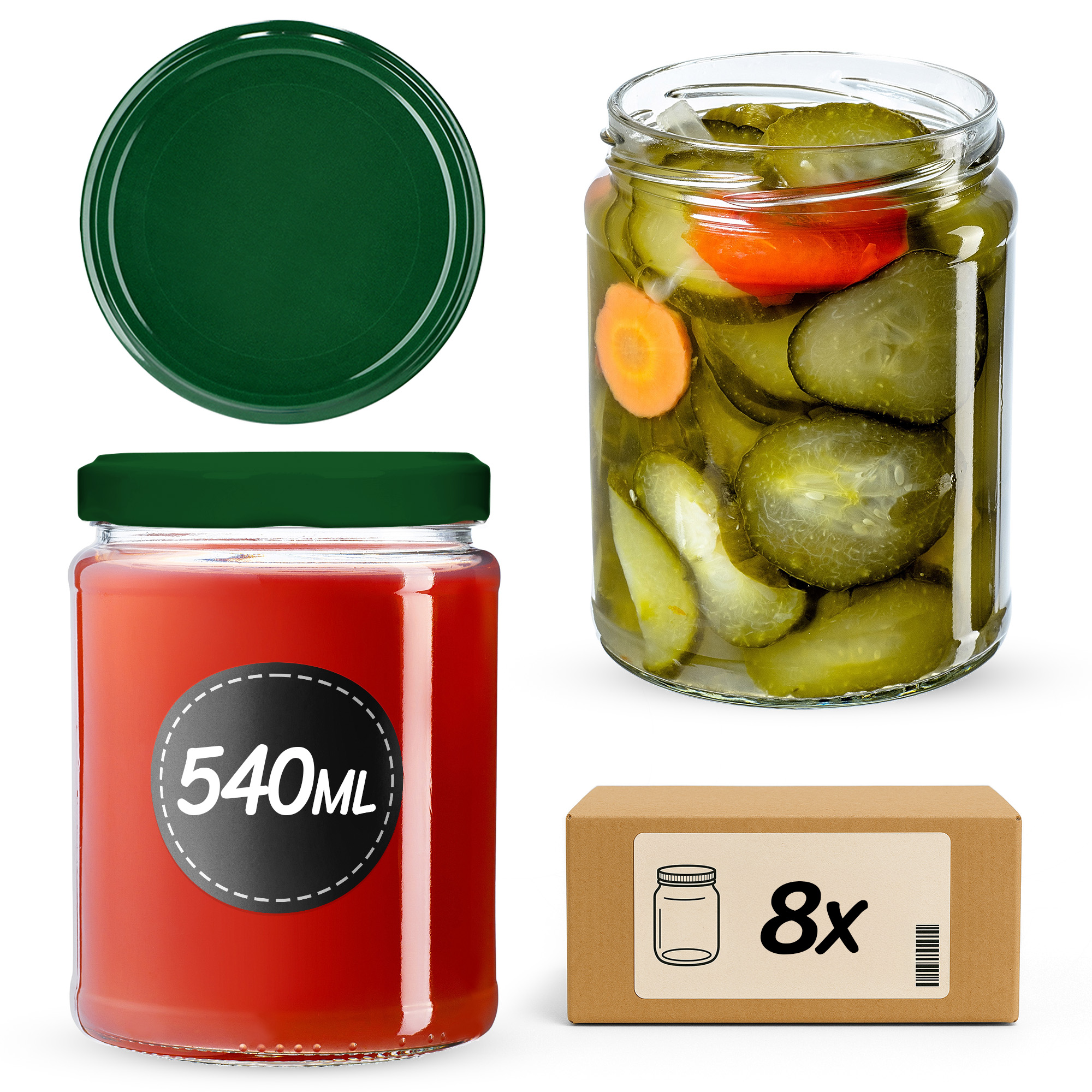 Słoiki na przetwory Maki 540ml 8szt fi 82 mm + wieczka zielone