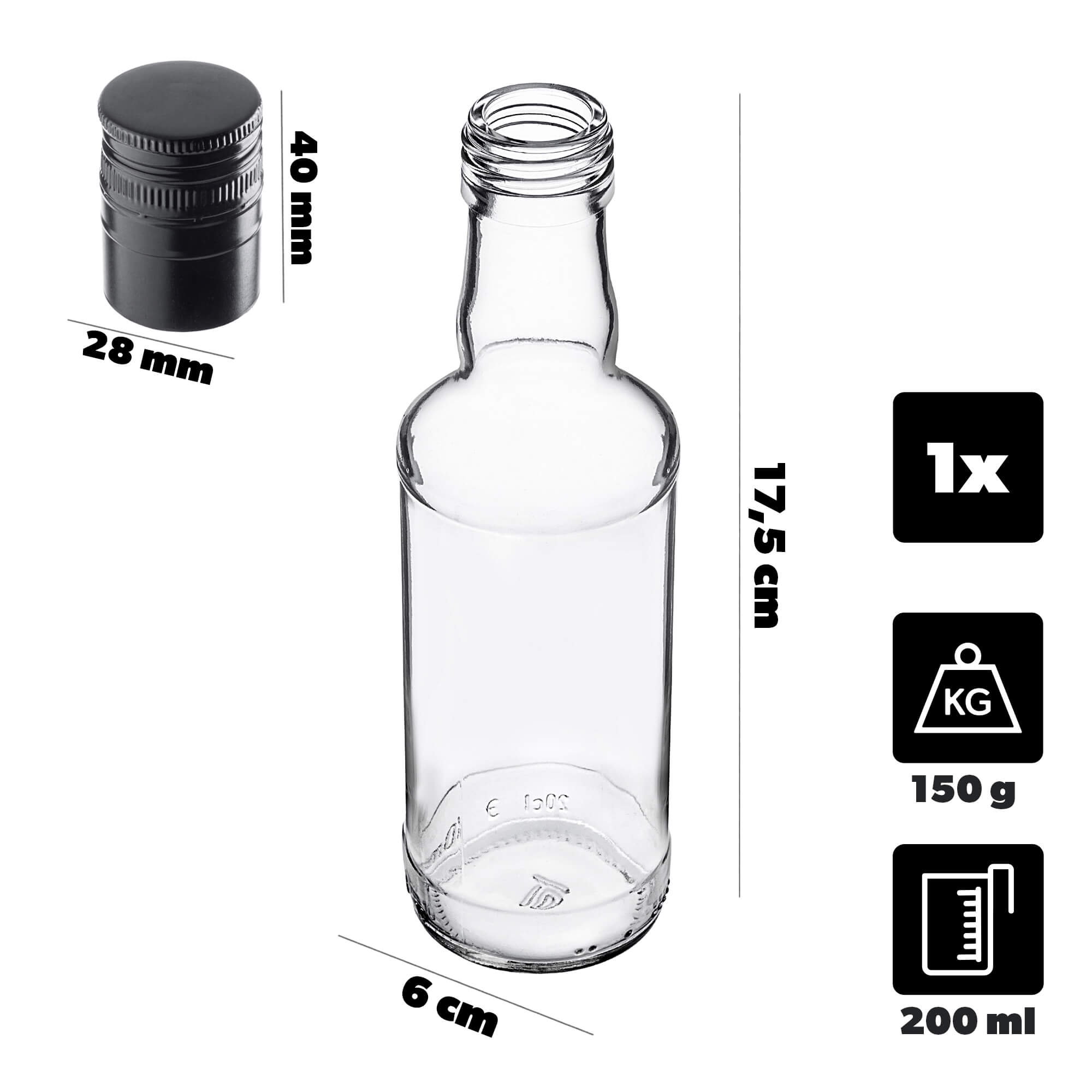 Szklana butelka Monopol 200ml z długą czarną zakrętką 1 szt.
