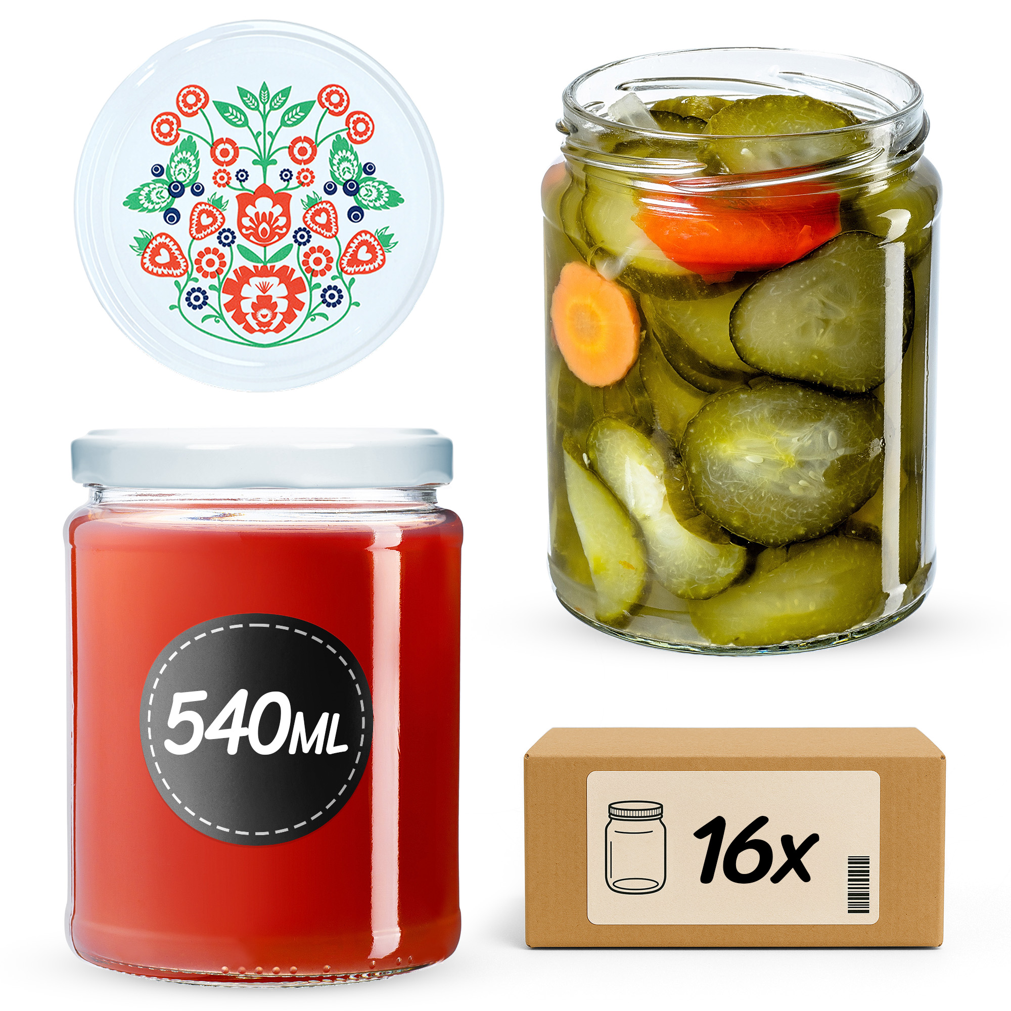 Słoiki na przetwory Maki 540ml 16szt fi 82 mm + wieczka "Folklor"