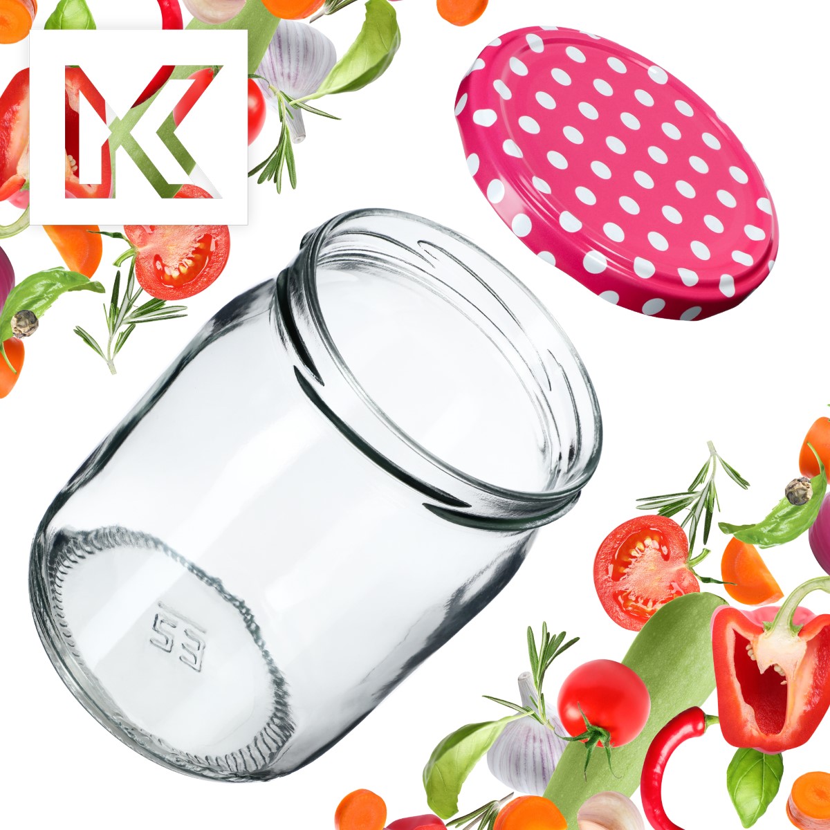 Słoiki Senna 540ml 48szt fi 82 mm + wieczka "Różowy groszek"