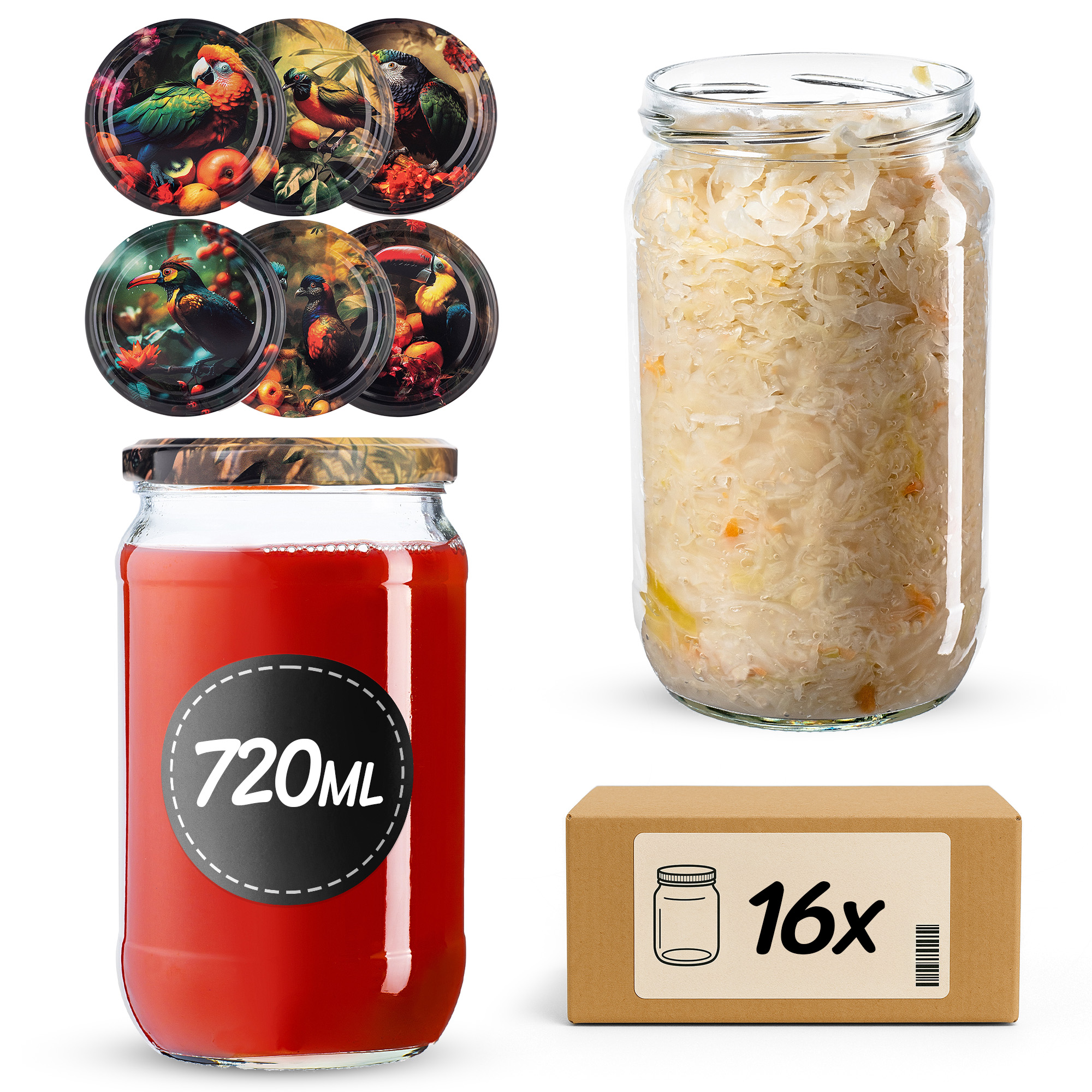 Słoiki na przetwory Niva 720ml fi 82 mm 16szt + wieczko Ptaki