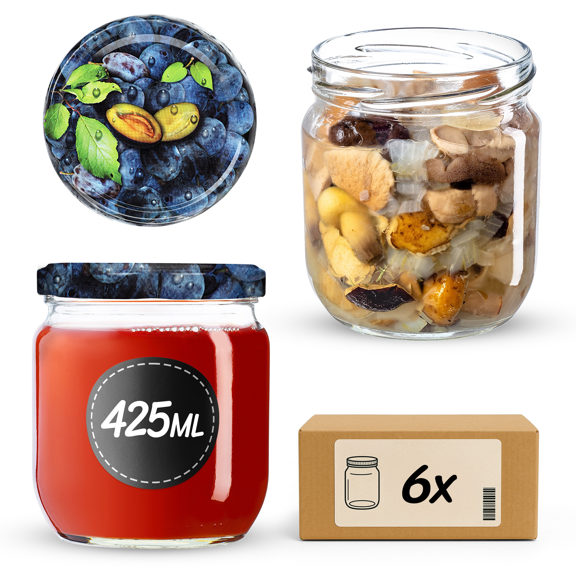 Słoiki na przetwory Salla 425ml 6szt fi 82 mm + wieczka "Śliwki"