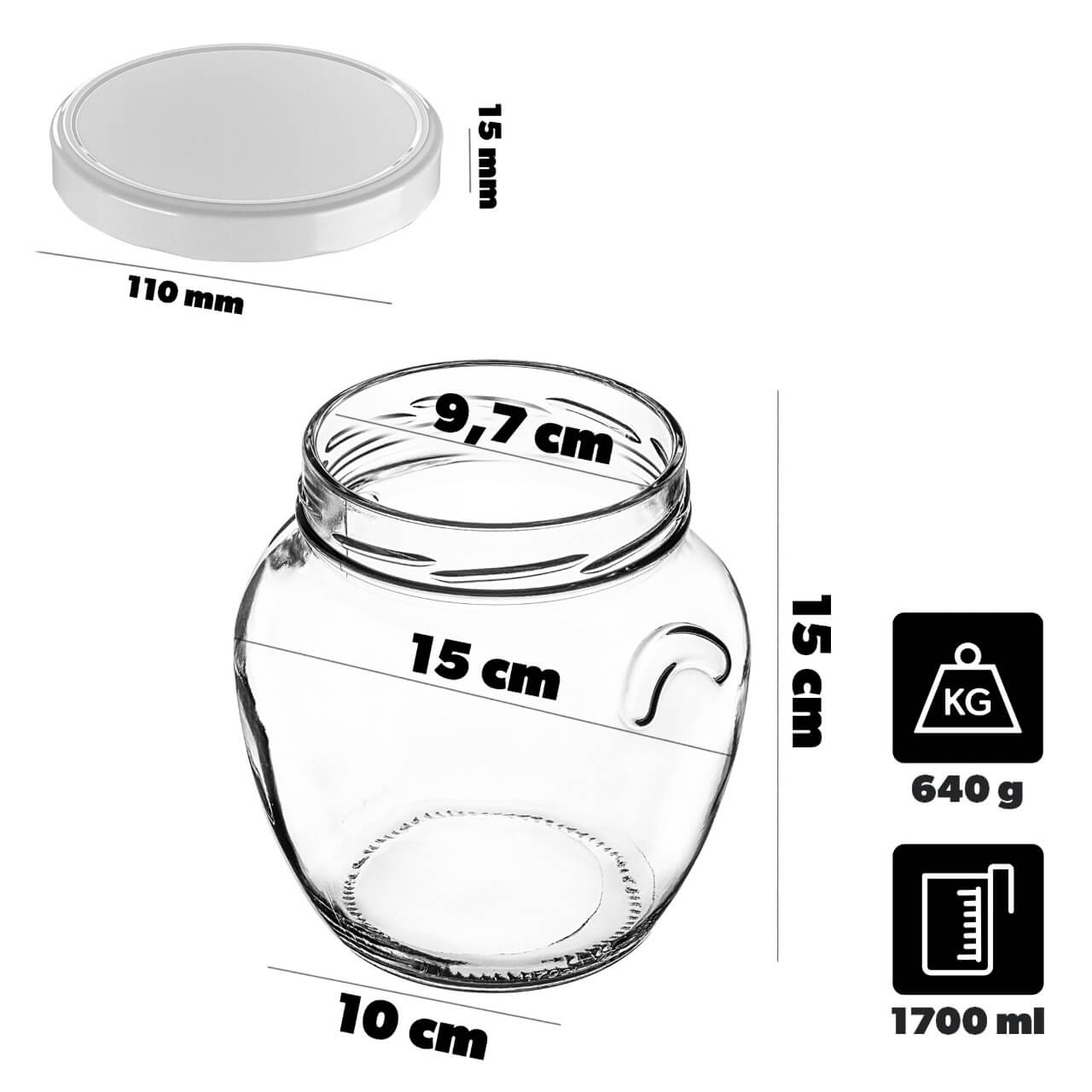 Słoiki na przetwory Sassa 1700ml 4szt 110mm + wieczka białe