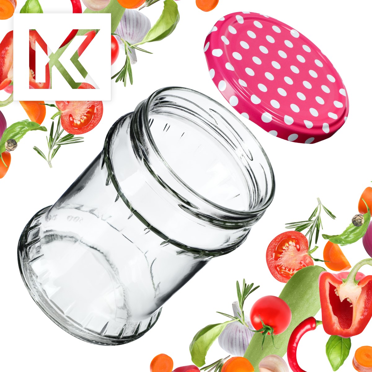 Słoiki na przetwory Kisko 500ml 16szt fi 82 mm + wieczka "Groszek różowy"