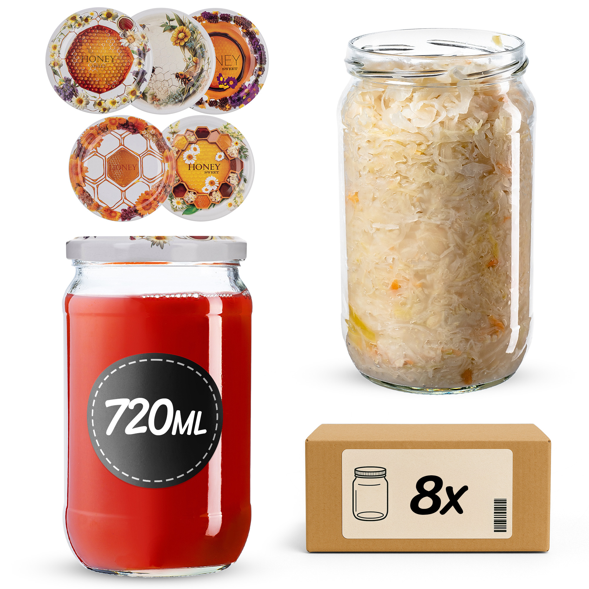 Słoiki na przetwory Niva 720ml fi 82 mm 8szt + wieczko Miodowy mix