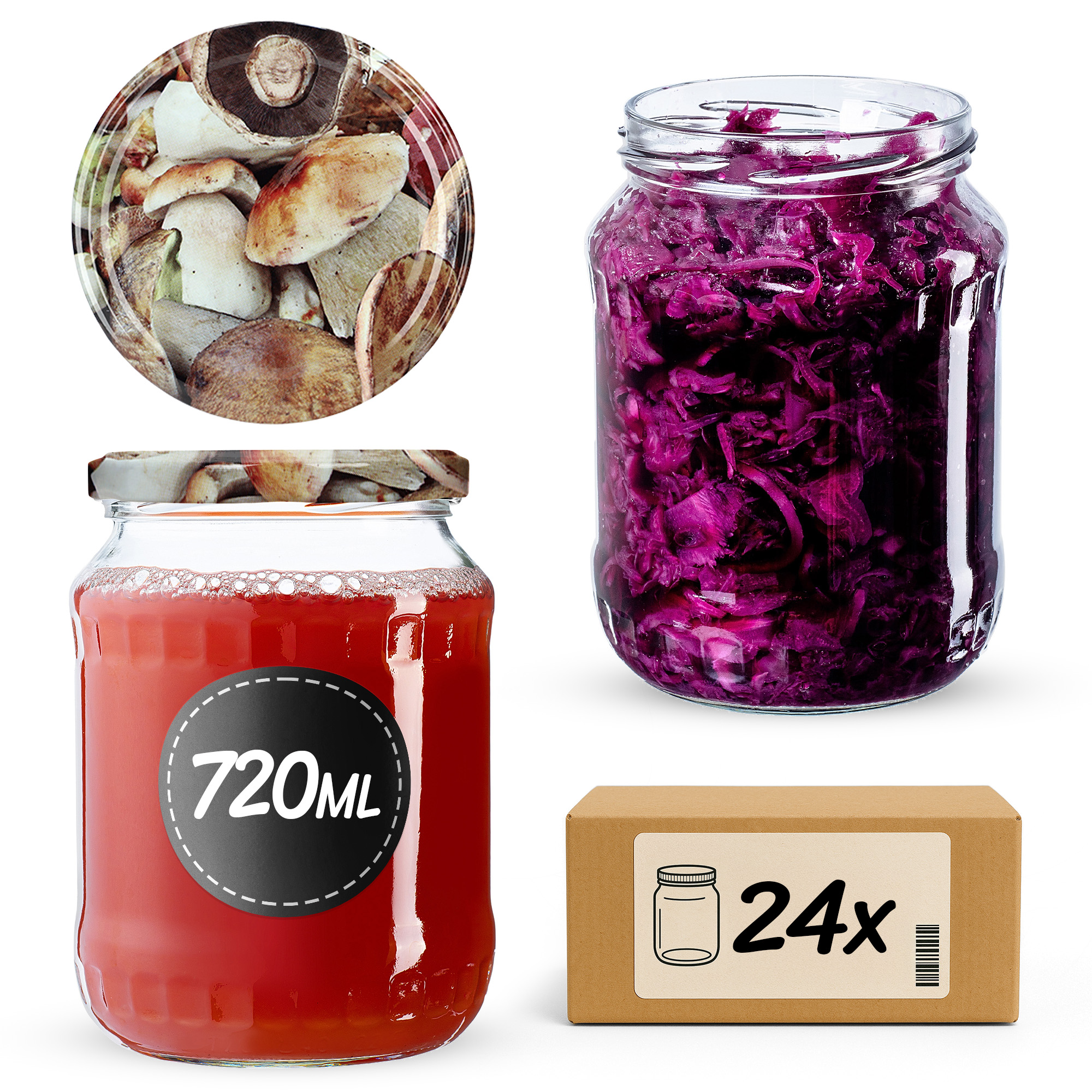 Słoiki na przetwory Jukka 720ml 24szt fi 82 mm + wieczka "Grzyby"