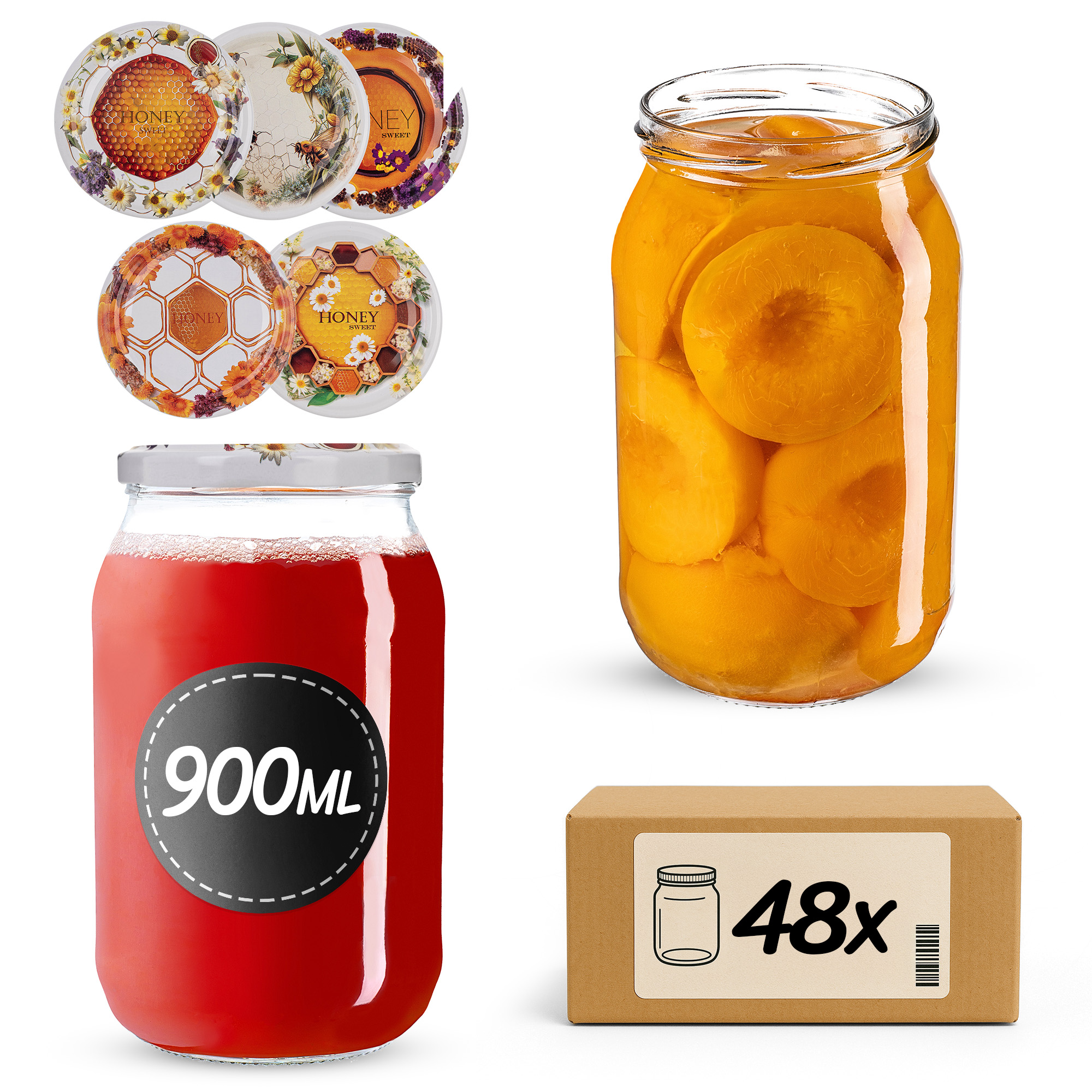 Słoiki na przetwory Simo 900ml fi 82 mm 48szt + wieczko Miodowy mix