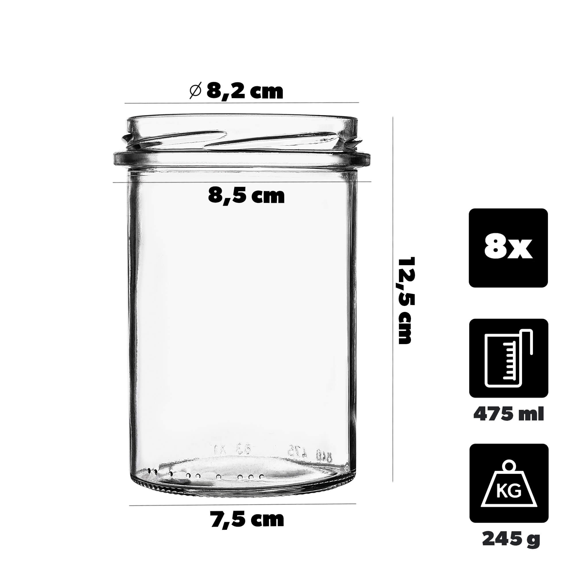 Słoiki na przetwory Befa 475ml 8szt fi 82 mm + wieczka "Miód czarny"