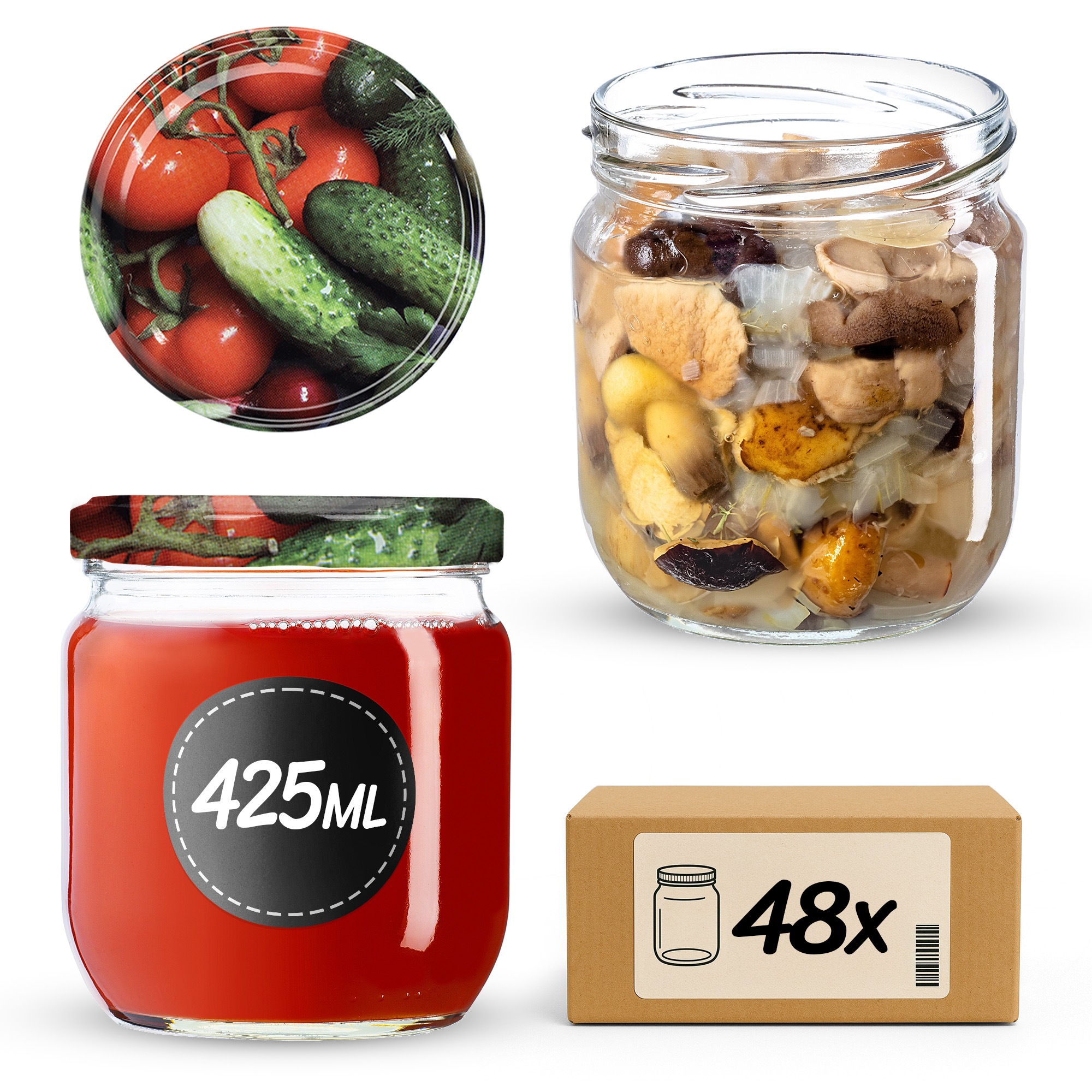 Słoiki na przetwory Salla 425ml 48szt fi 82 mm + wieczka "Warzywa"