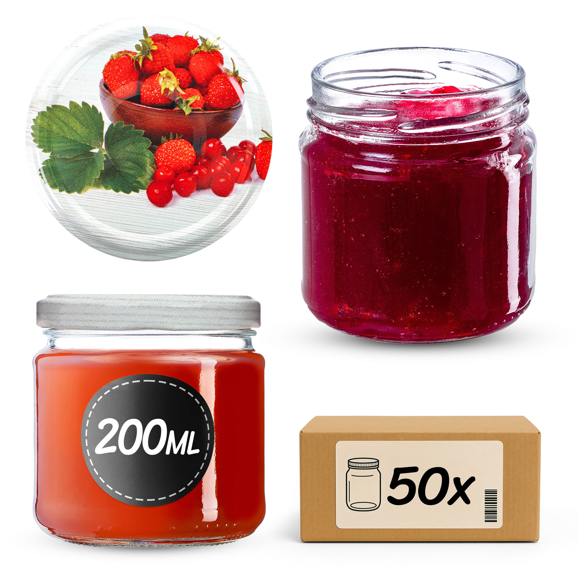 Słoiki na przetwory Lerma 200ml 50szt 66mm + wieczka "Truskawki"