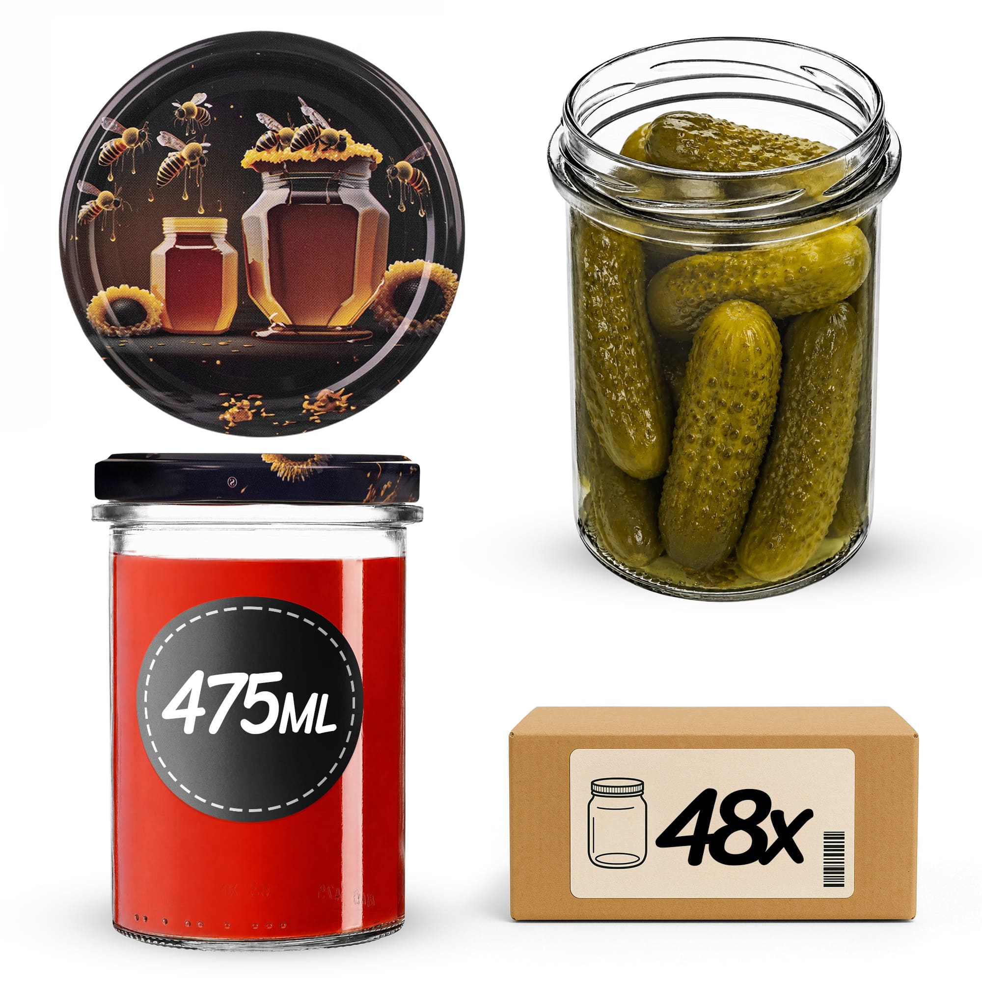 Słoiki na przetwory Befa 475ml 48szt fi 82 mm + wieczka "Miód czarny"