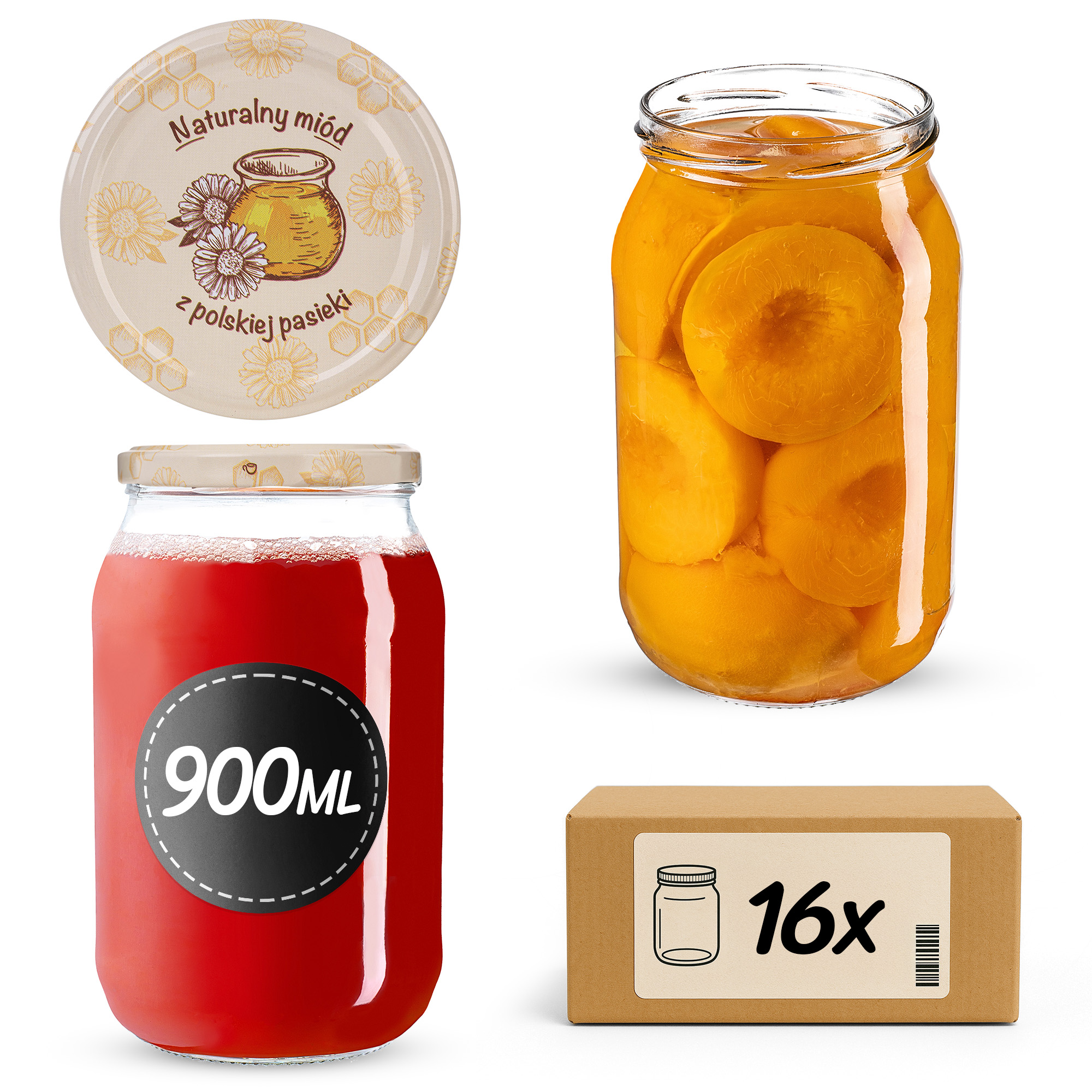 Słoiki na przetwory Simo 900ml fi 82 mm 16szt + wieczko Miód z pasieki