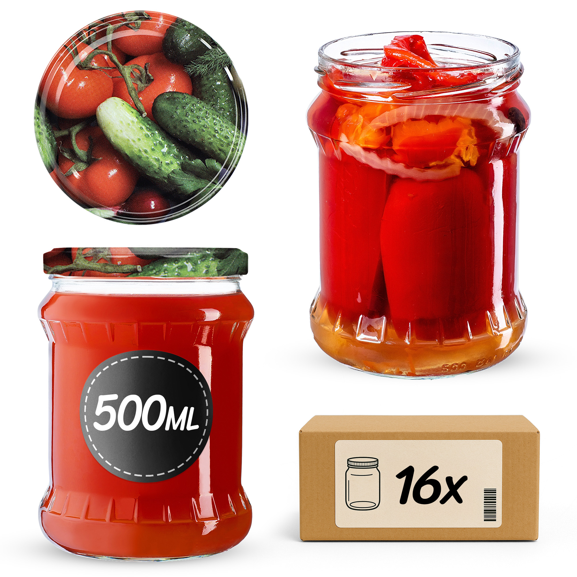 Słoiki na przetwory Kisko 500ml 16szt fi 82 mm + wieczka "Warzywa"