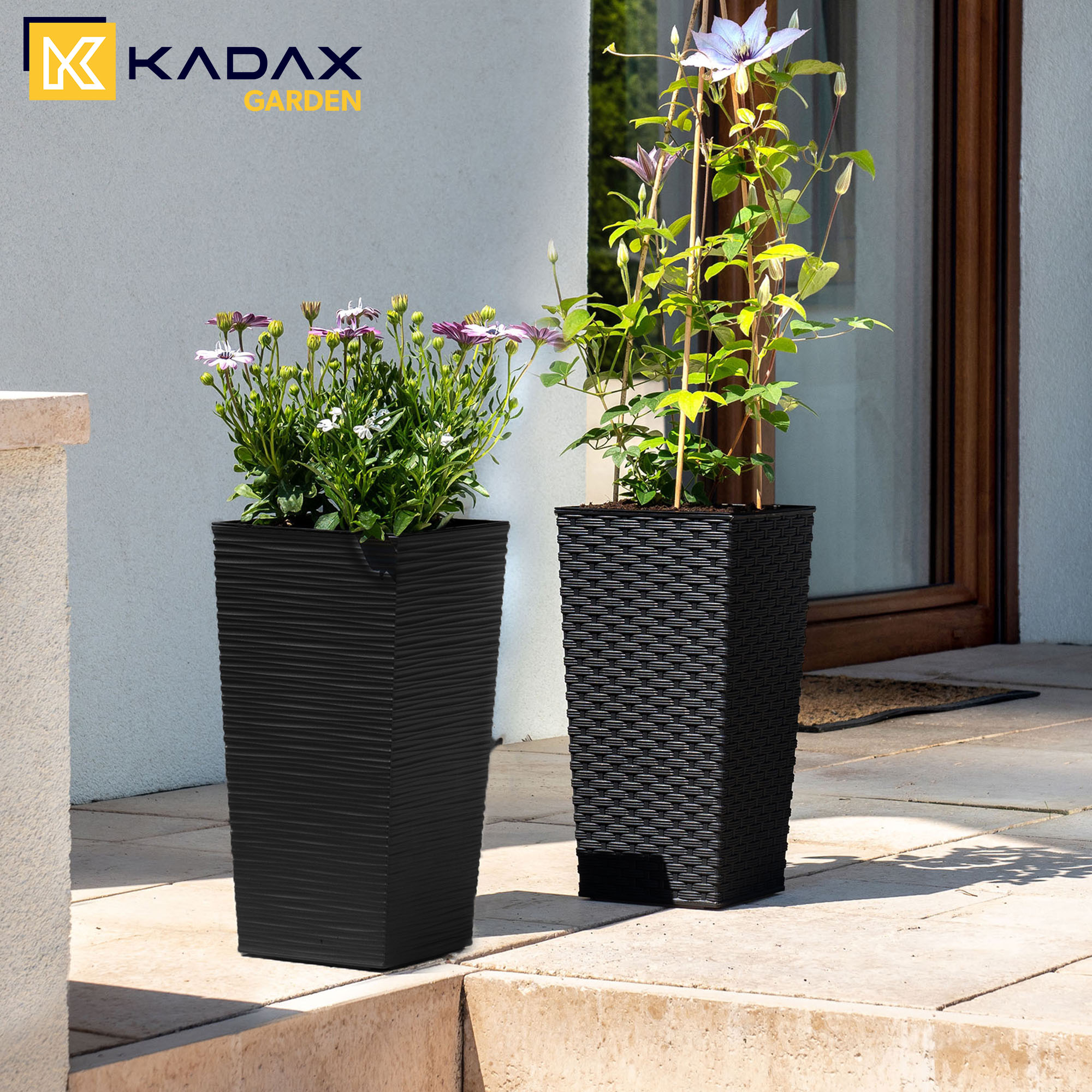 Donice na kwiaty z wkładem Pesaro rattan 19 cm + 25 cm + 30 cm, czarne