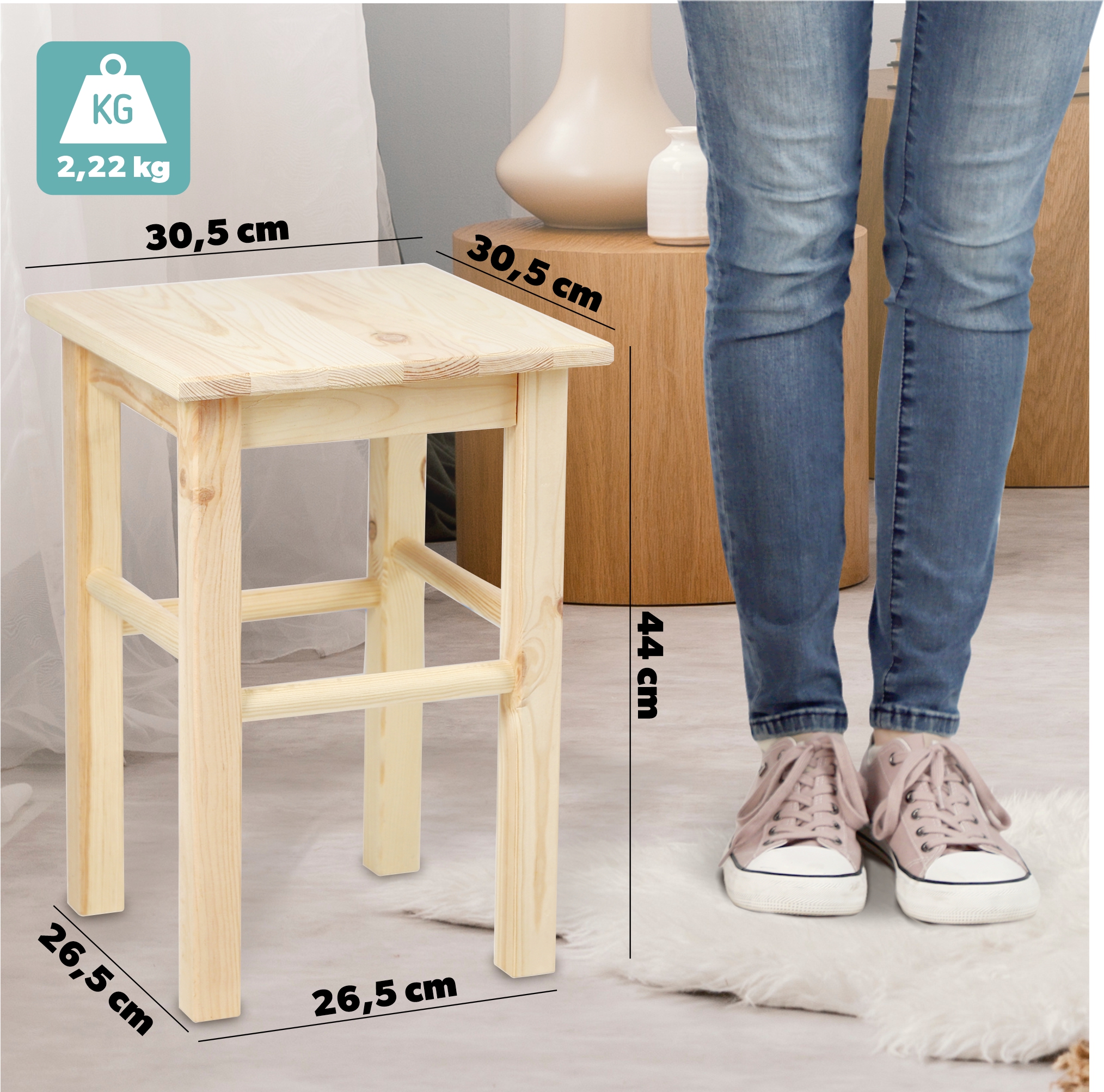 Taboret drewniany kwadratowy 44 x 30 cm, 4 szt.