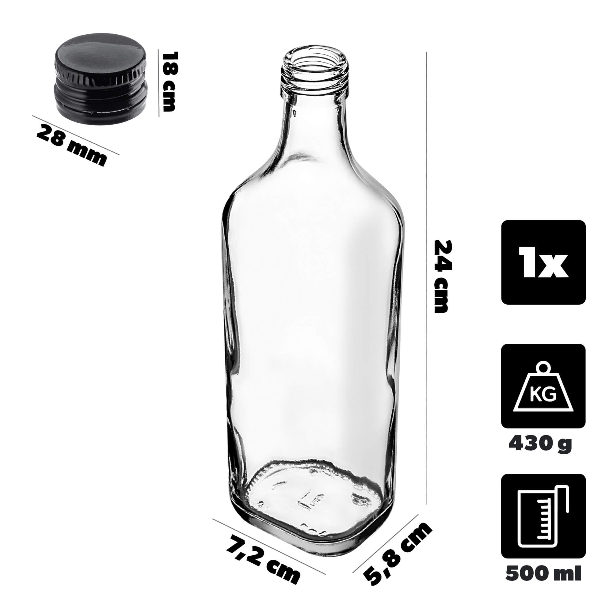 Szklana butelka na whisky Vigna 500ml z czarną zakrętką 5 szt.