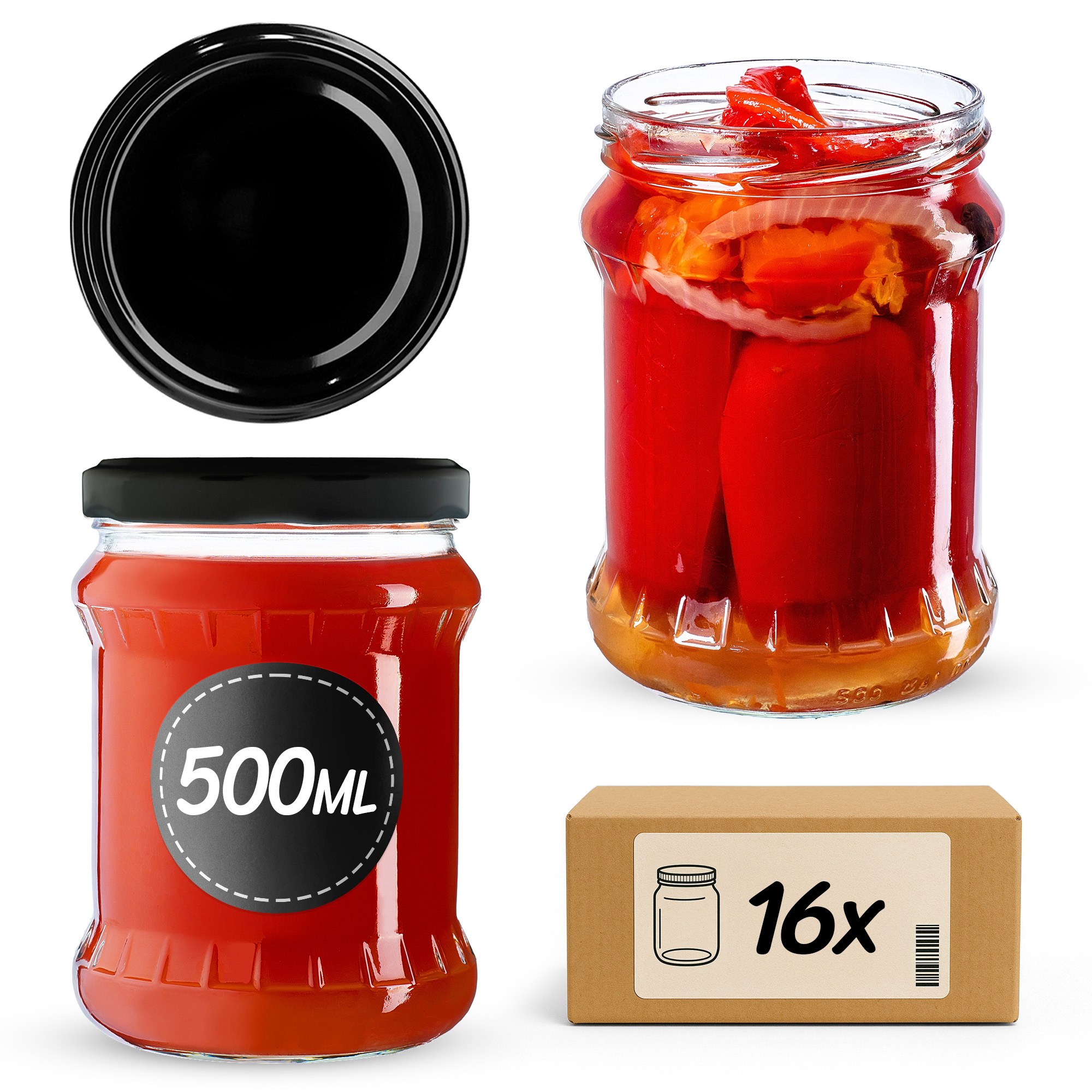 Słoiki na przetwory Kisko 500ml 16szt fi 82 mm + wieczka czarne