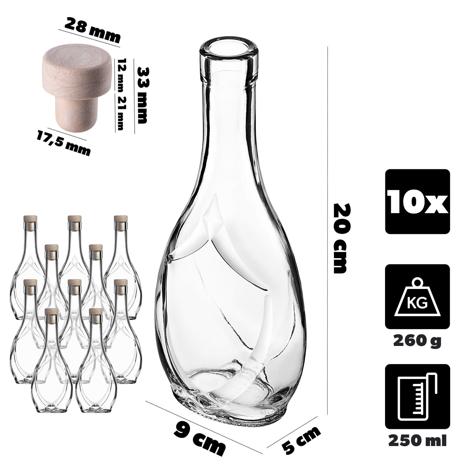 Szklana butelka na nalewkę Icona 250ml z korkiem syntetycznym 10 szt.